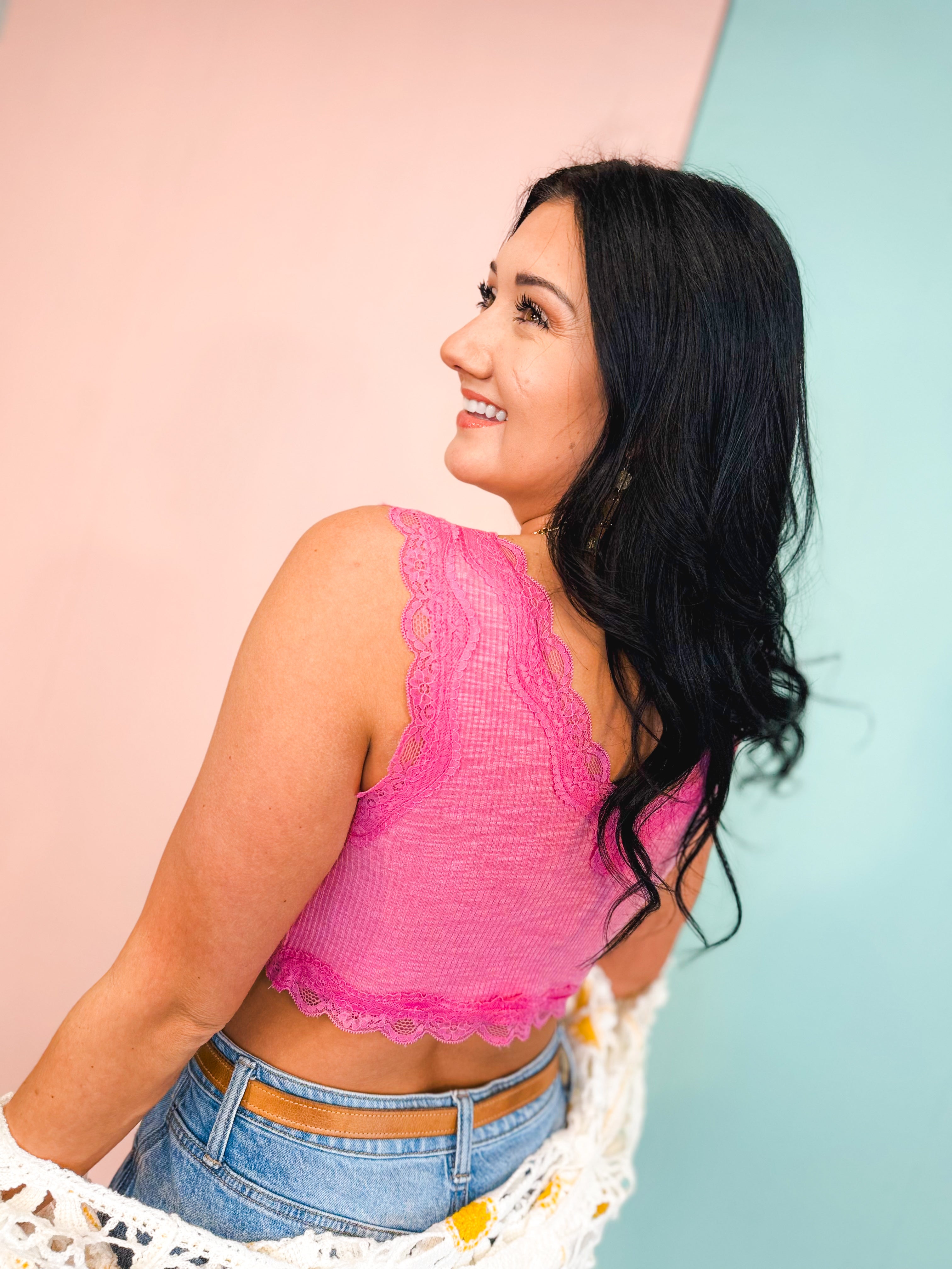 POL Lace Detail Cropped Tank Top - Fuchsia - Lace and Grace Boutique