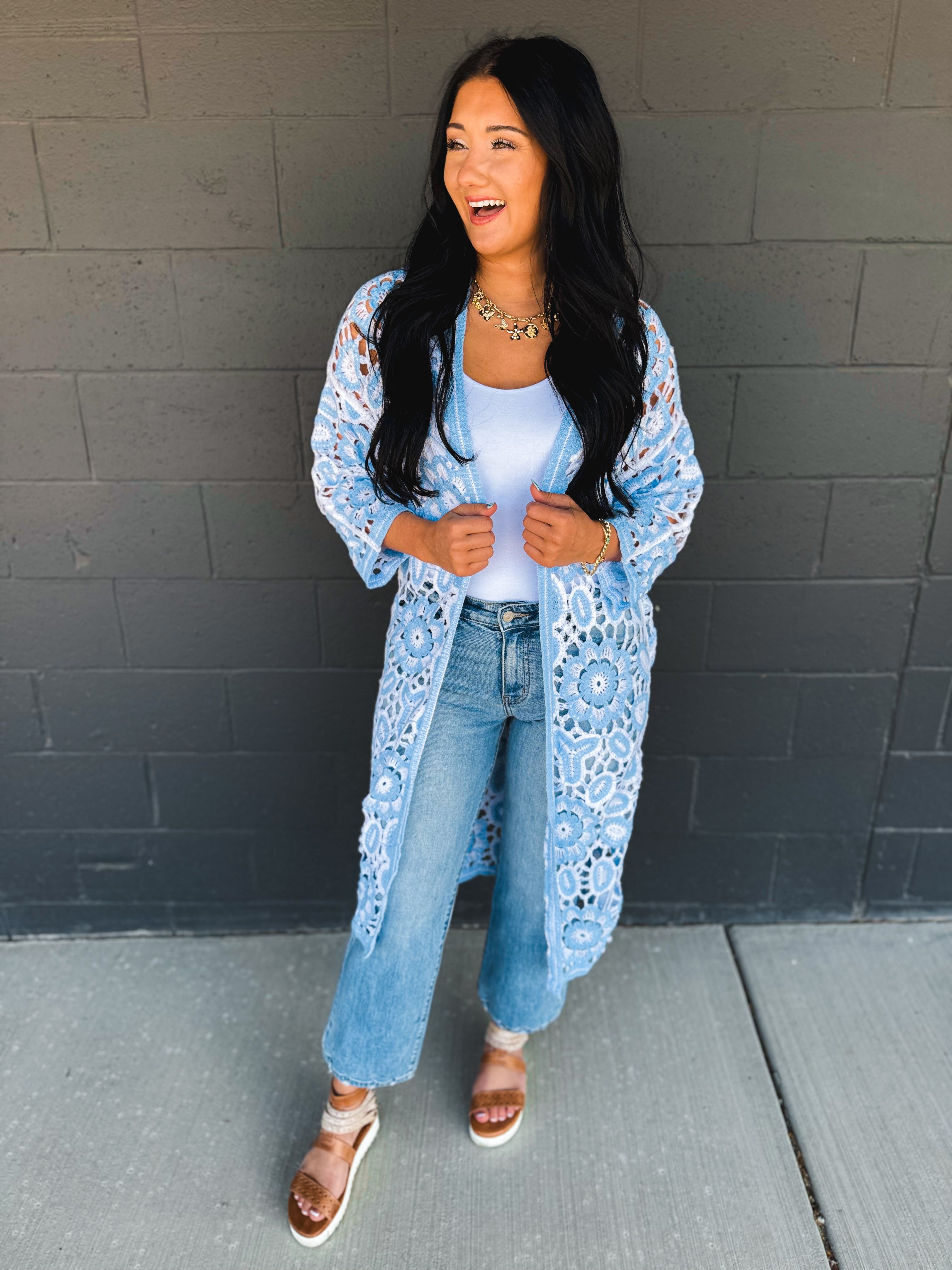 POL Crochet Knit Weave Cardigan - Blue - Lace and Grace Boutique