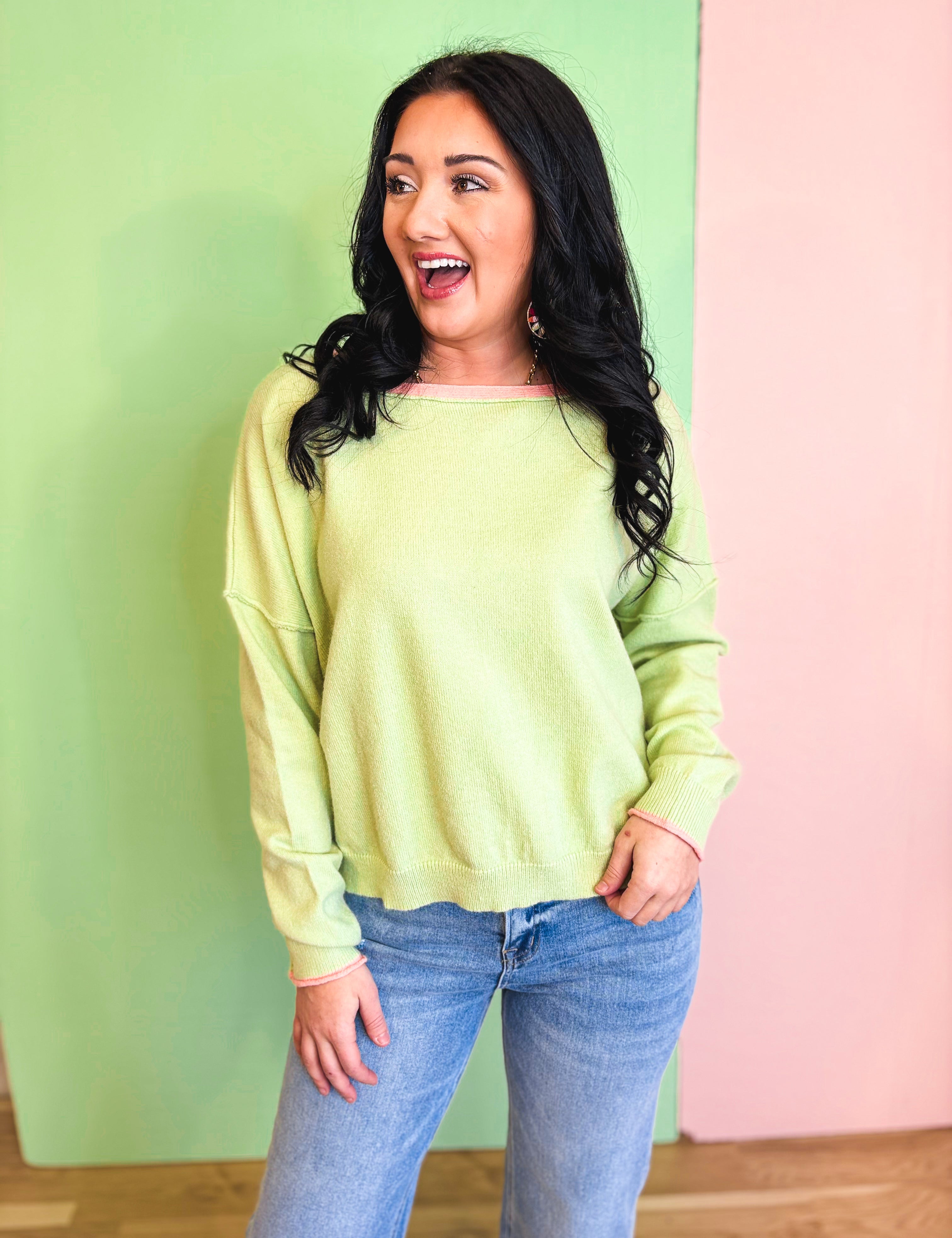 Contrast Edge Boat Neck Sweater - Matcha/Melon - Lace and Grace Boutique