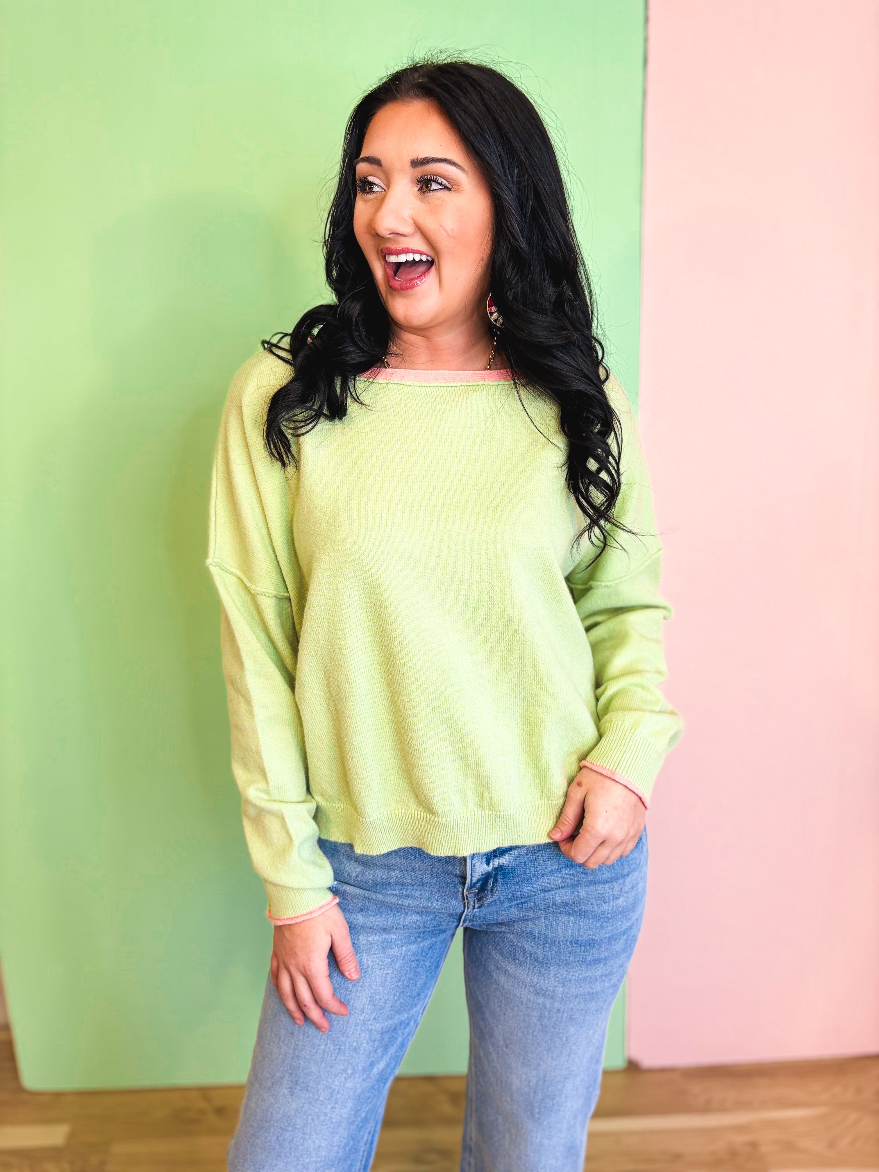 Contrast Edge Boat Neck Sweater - Matcha/Melon - Lace and Grace Boutique