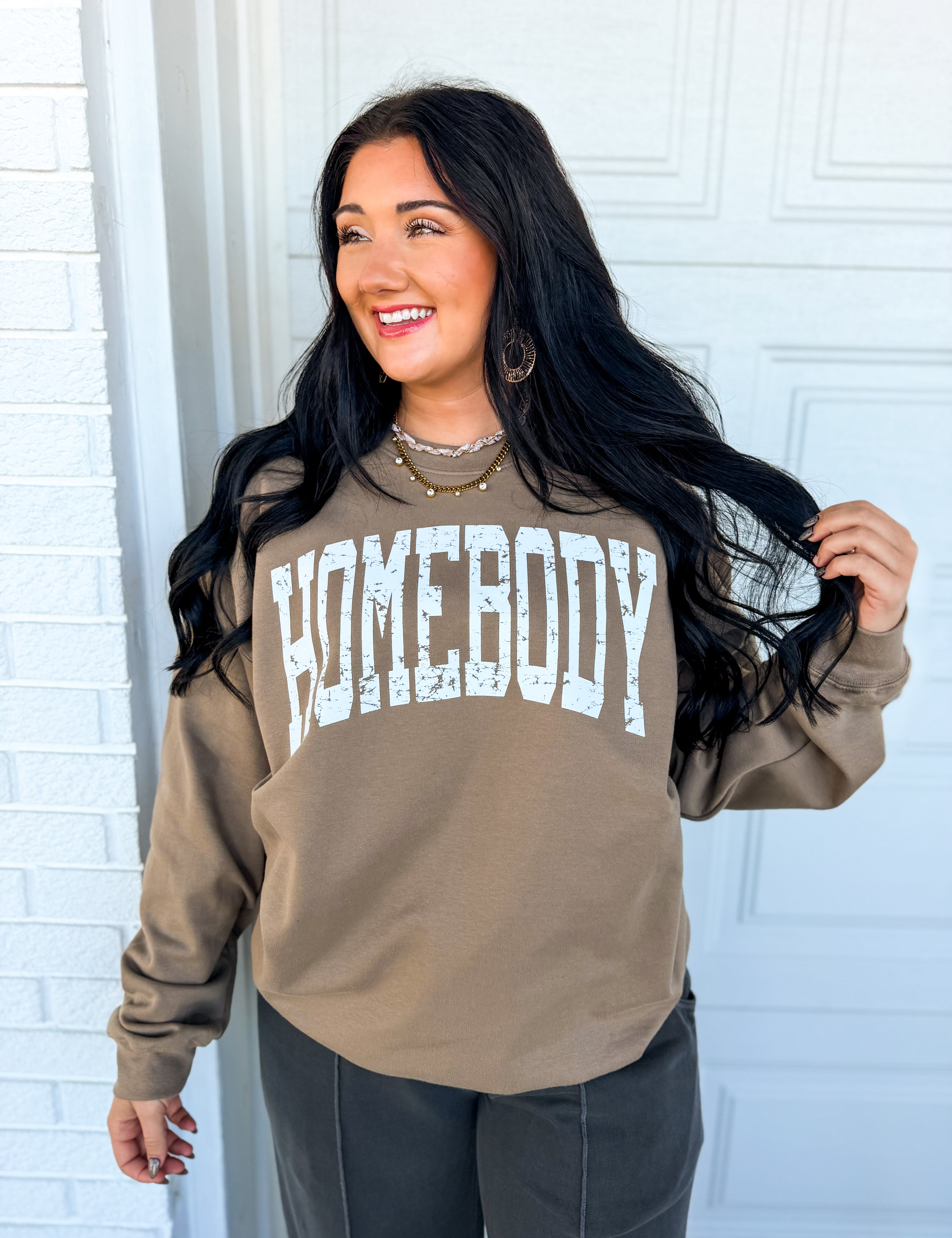 Homebody Fleece Crewneck Sweatshirt - Brown - Lace and Grace Boutique