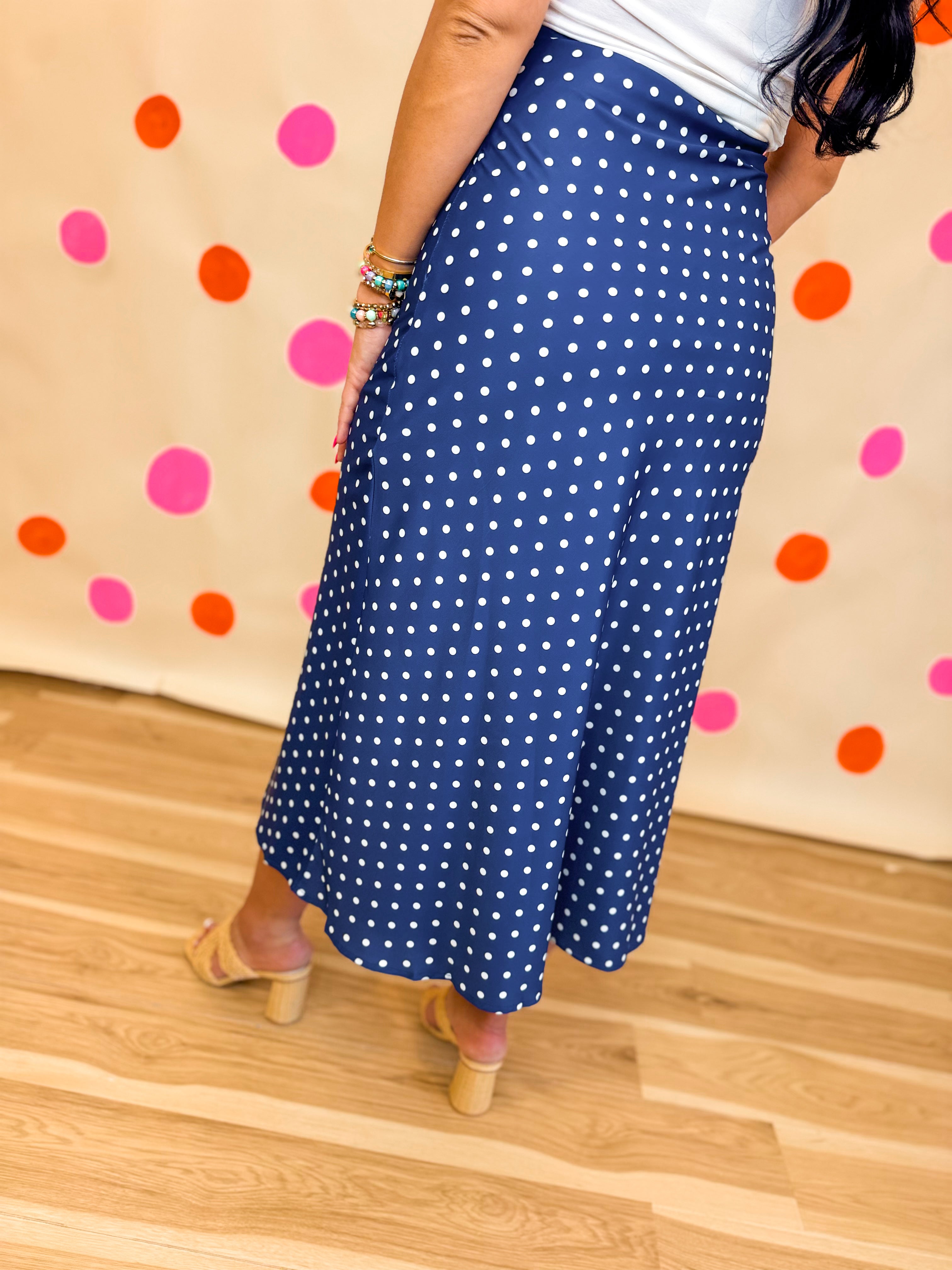 Polka Dot Silky Satin Midi Skirt - Navy/Ivory - Lace and Grace Boutique