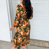 Smocked Floral Printed Long Sleeve Midi Dress - Green Multi