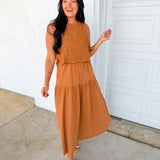 Embroidered Lace Vest & Midi Dress Set - Brown
