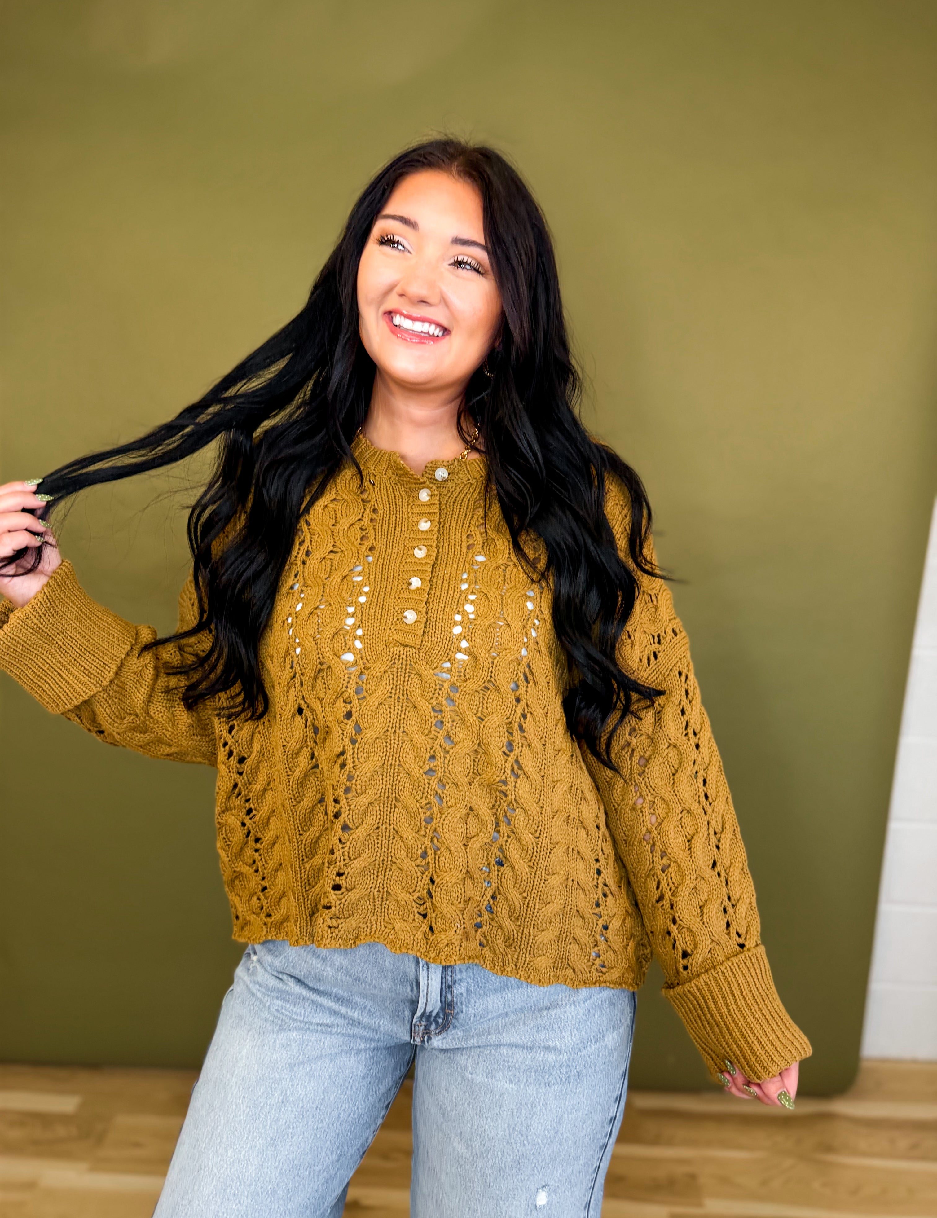 Chunky Cable Knit Henley Sweater - Camel - Lace and Grace Boutique
