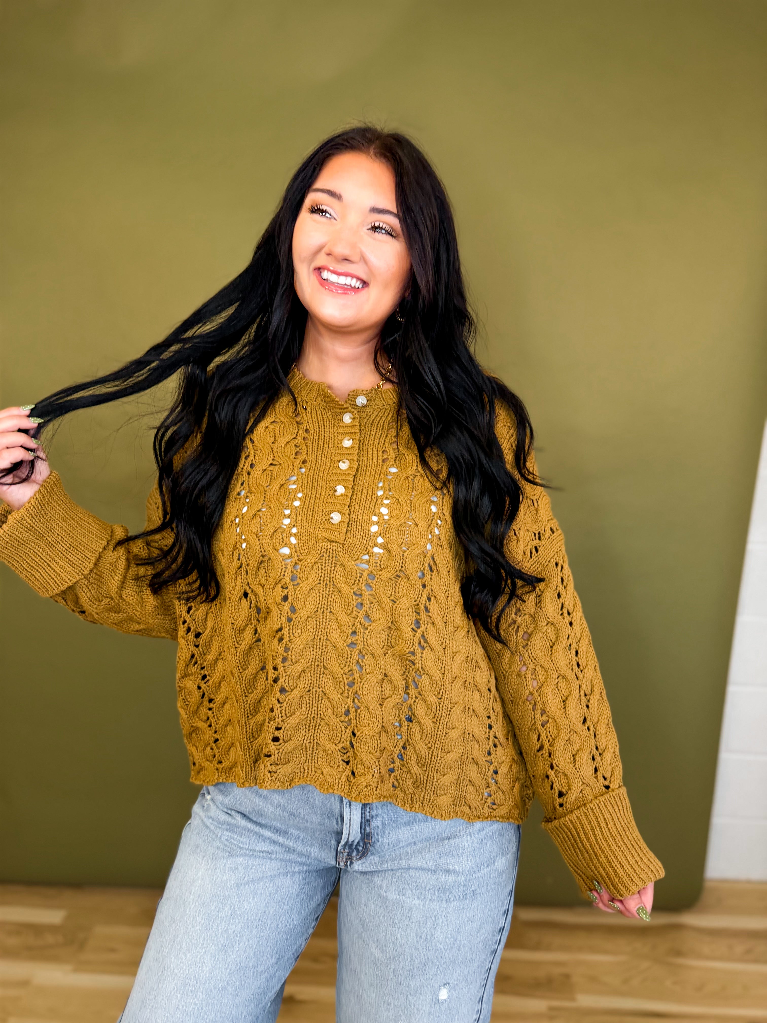 Chunky Cable Knit Henley Sweater - Camel - Lace and Grace Boutique