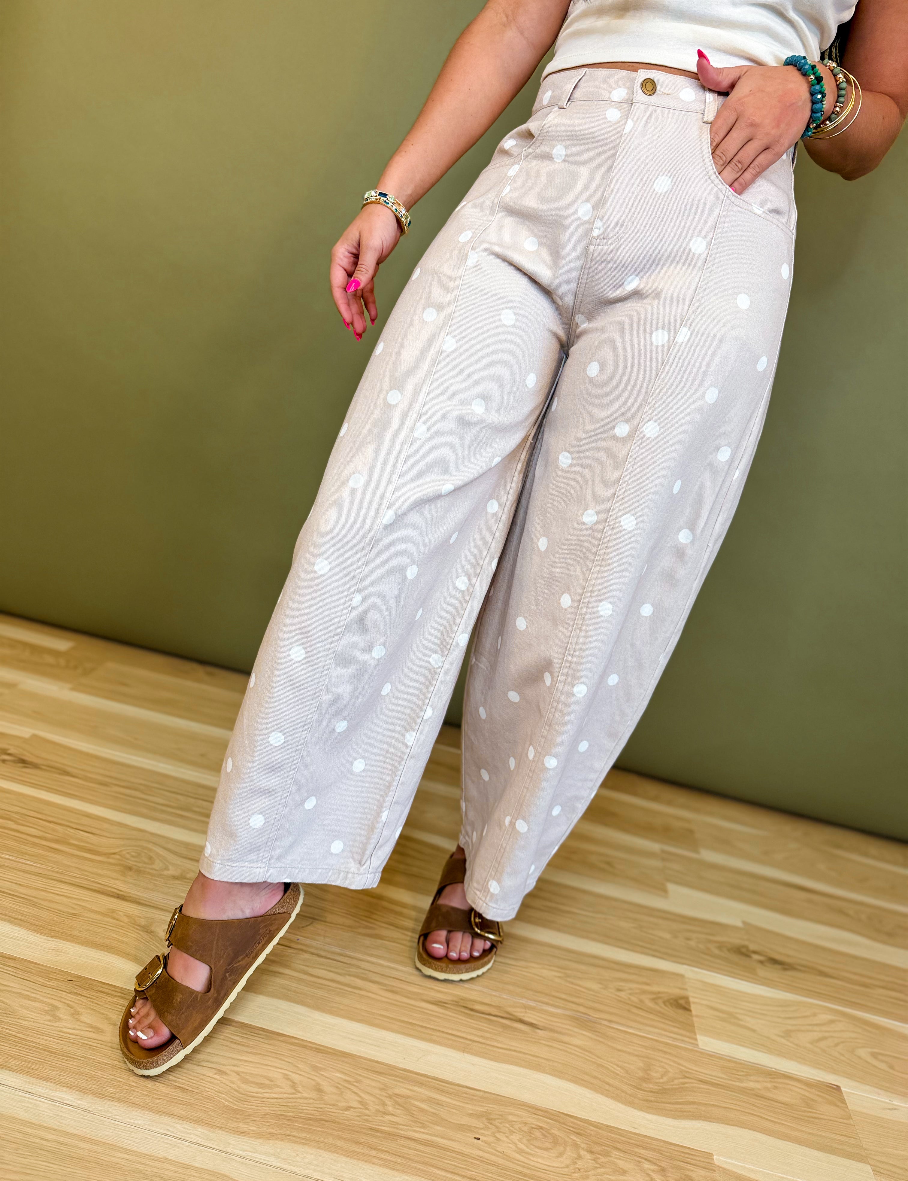 Polka Dot Barrel Wide Leg Denim Pants - Taupe/Ivory - Lace and Grace Boutique