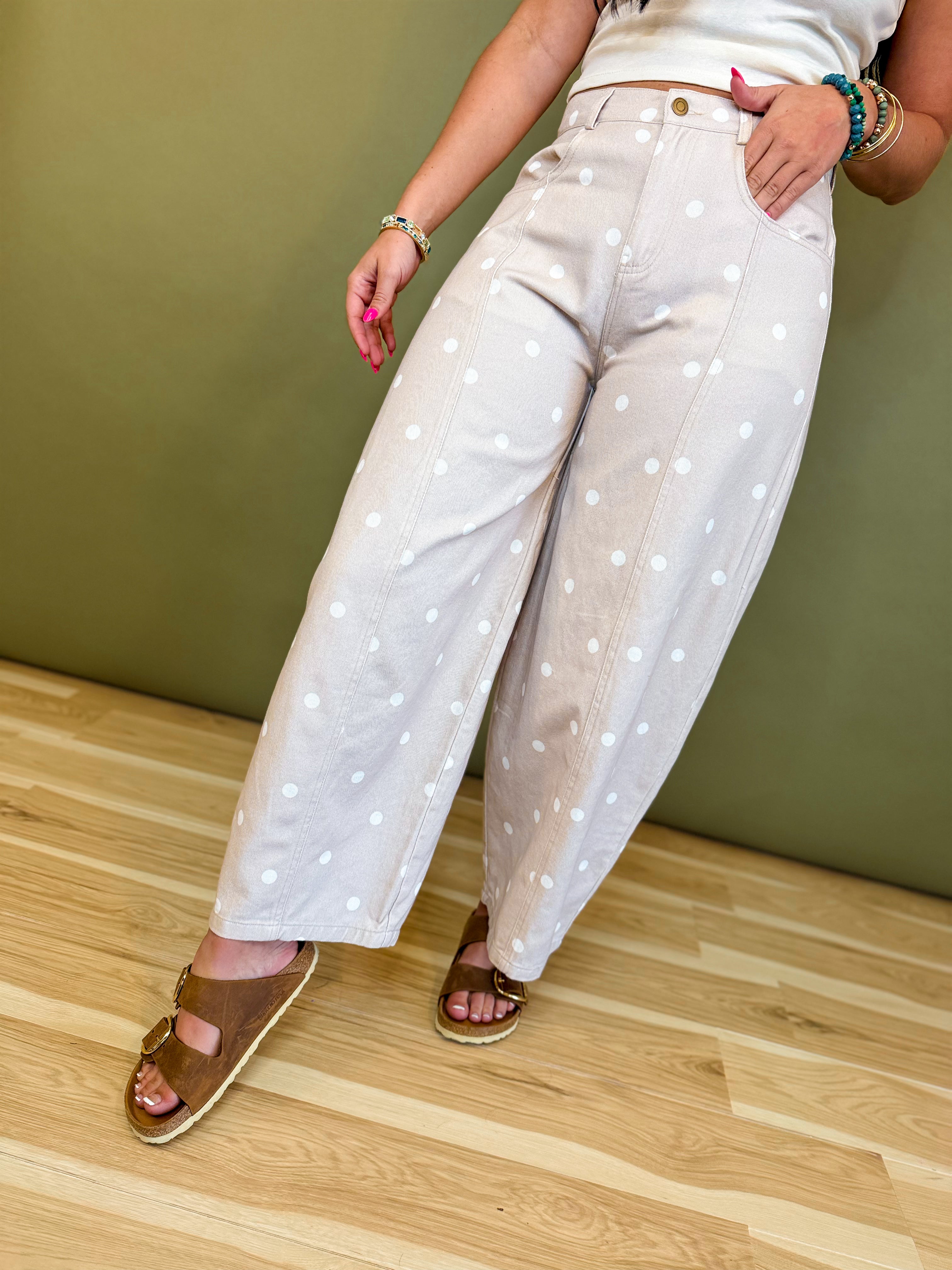 Polka Dot Barrel Wide Leg Denim Pants - Taupe/Ivory - Lace and Grace Boutique