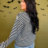 Halloween Ghost Patch Striped Long Sleeve Top - Black/White