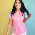 Ribbed Color Block Button Detail Top - Pink - Lace and Grace Boutique