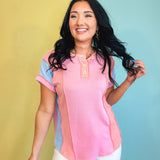 Ribbed Color Block Button Detail Top - Pink - Lace and Grace Boutique