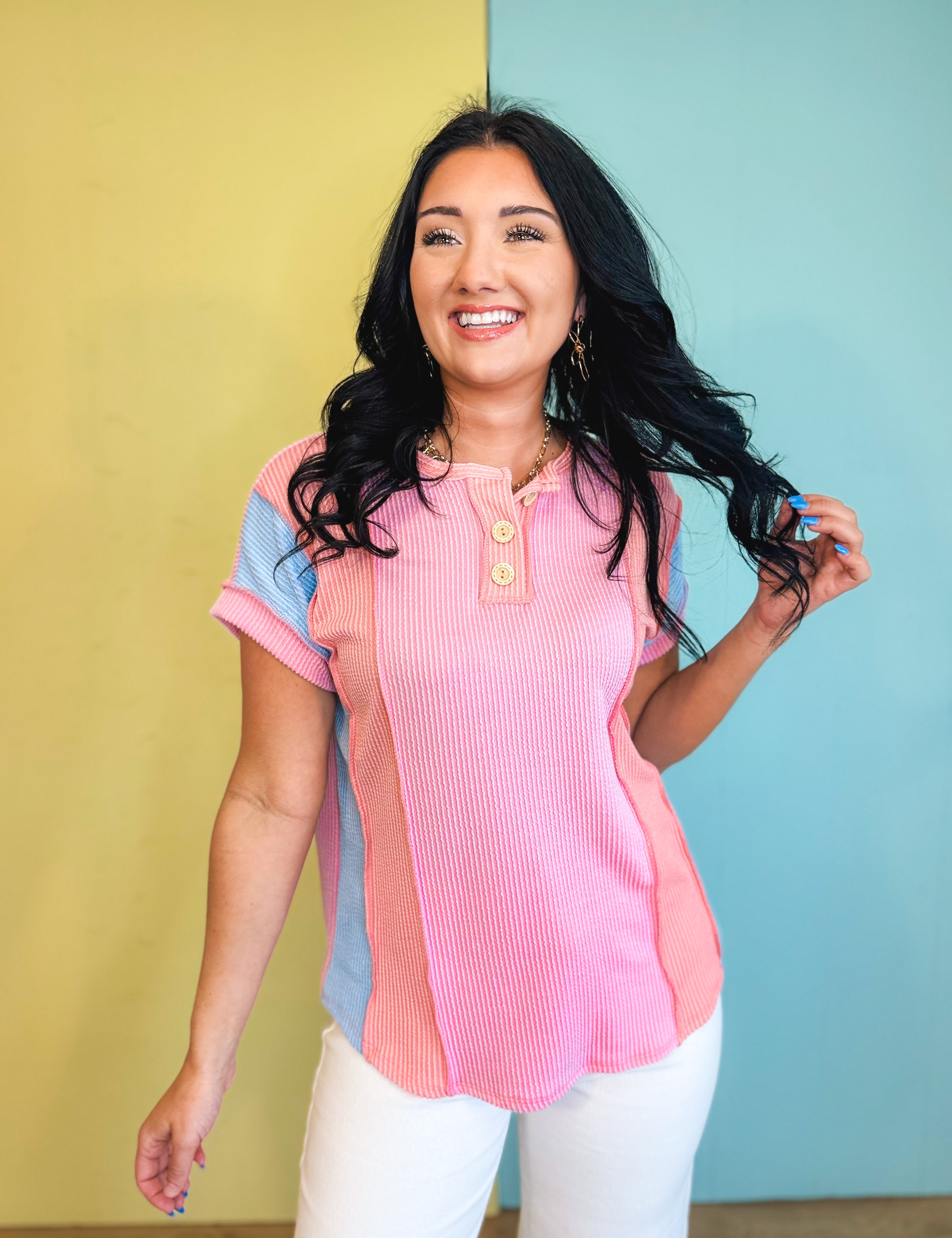 Ribbed Color Block Button Detail Top - Pink - Lace and Grace Boutique