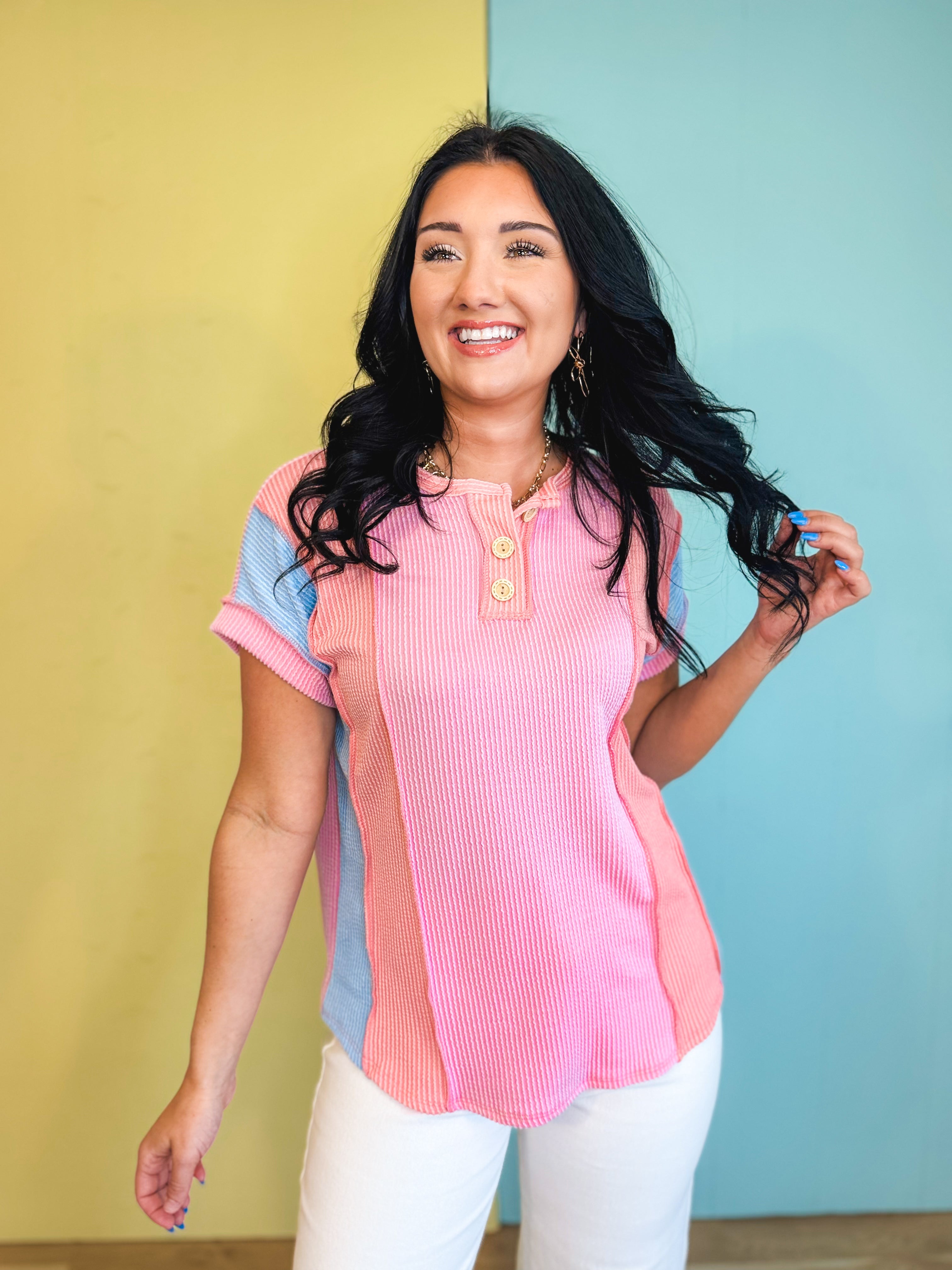 Ribbed Color Block Button Detail Top - Pink - Lace and Grace Boutique