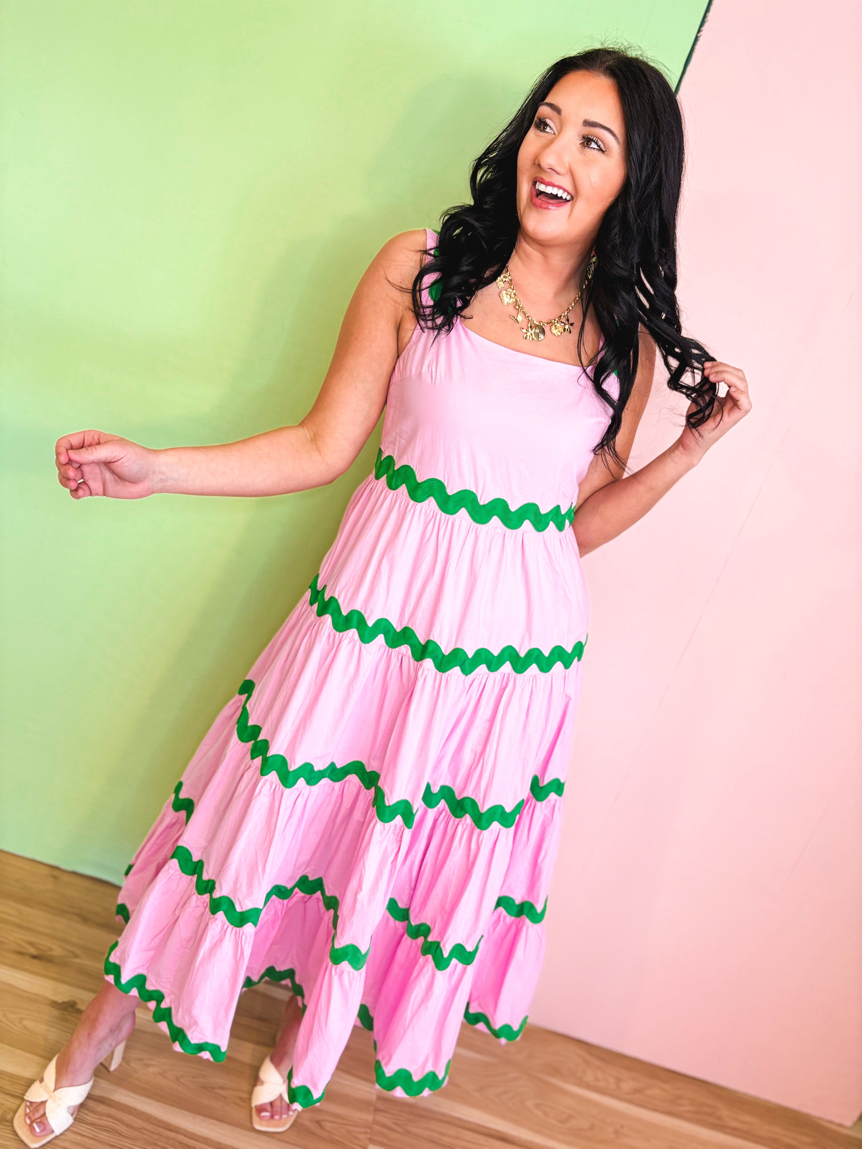 Tiered Ric Rac Trim Midi Dress - Cool Pink - Lace and Grace Boutique