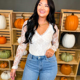 Floral Lace Long Sleeve Bodysuit - Cream