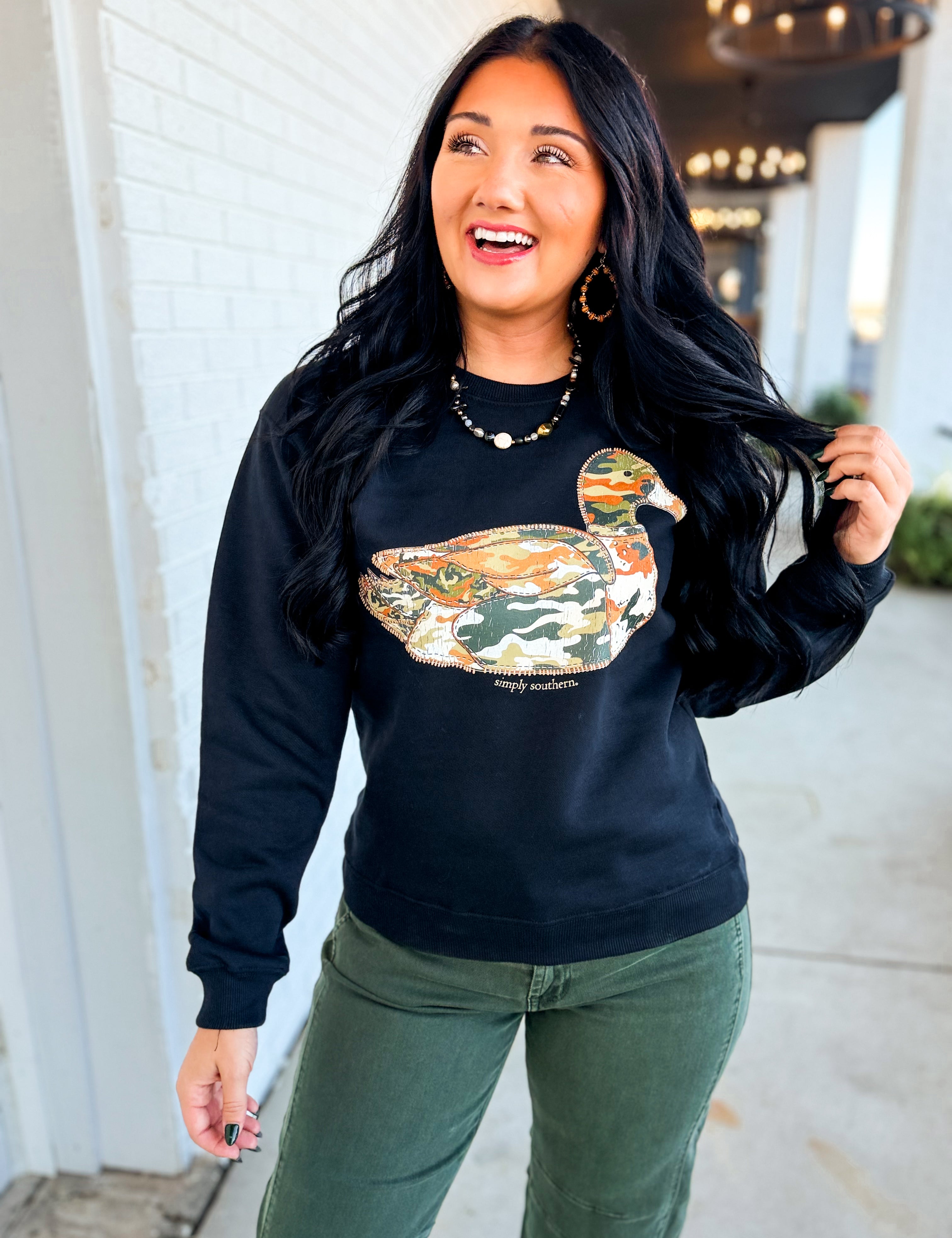Simply Southern Camo Duck Patch Sweatshirt - Black - Lace and Grace Boutique