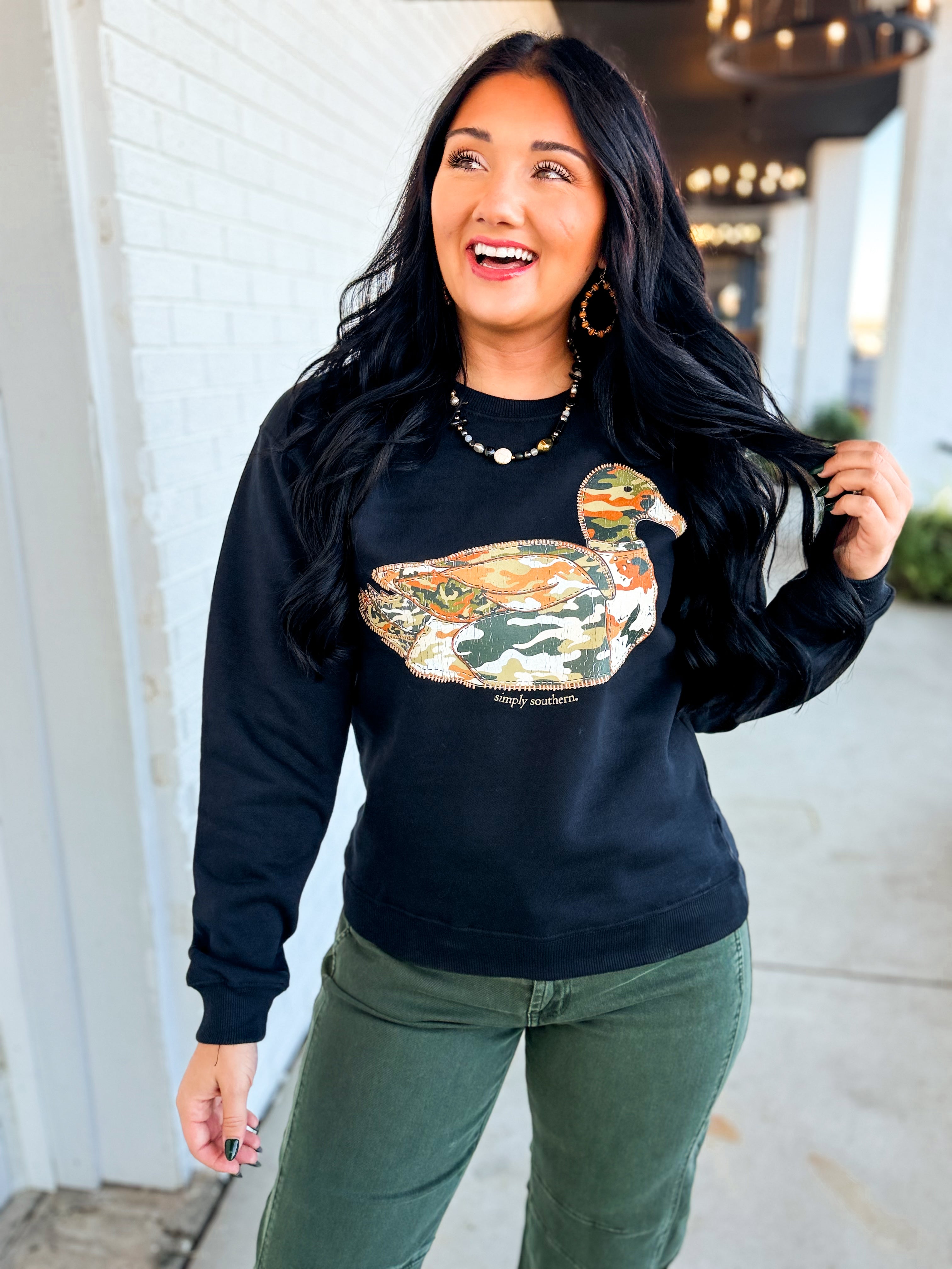 Simply Southern Camo Duck Patch Sweatshirt - Black - Lace and Grace Boutique