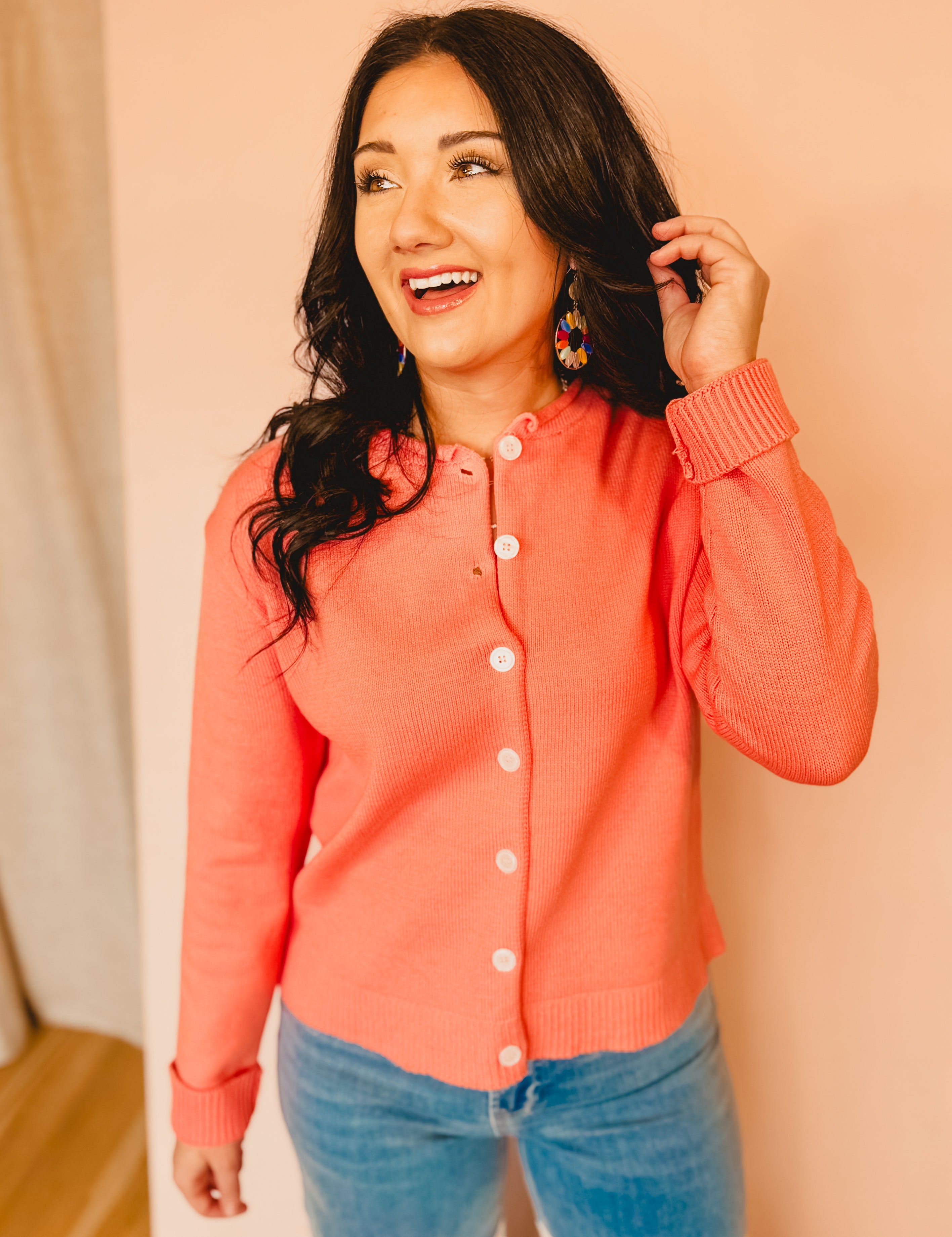 Raw Edge Neckline Button-Up Cardigan - Sunkist - Lace and Grace Boutique