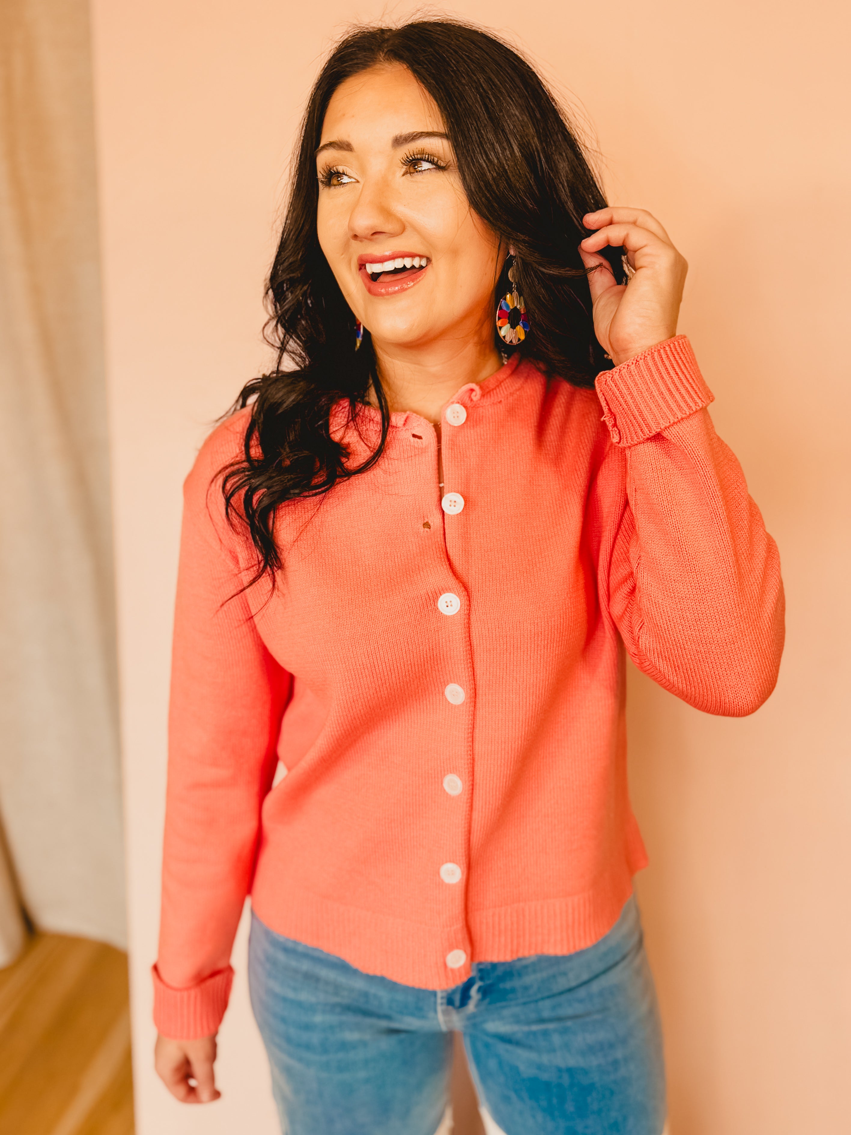 Raw Edge Neckline Button-Up Cardigan - Sunkist - Lace and Grace Boutique