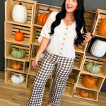 Gingham Wide Leg Crop Stretch Denim Pants - Brown Combo - Lace and Grace Boutique