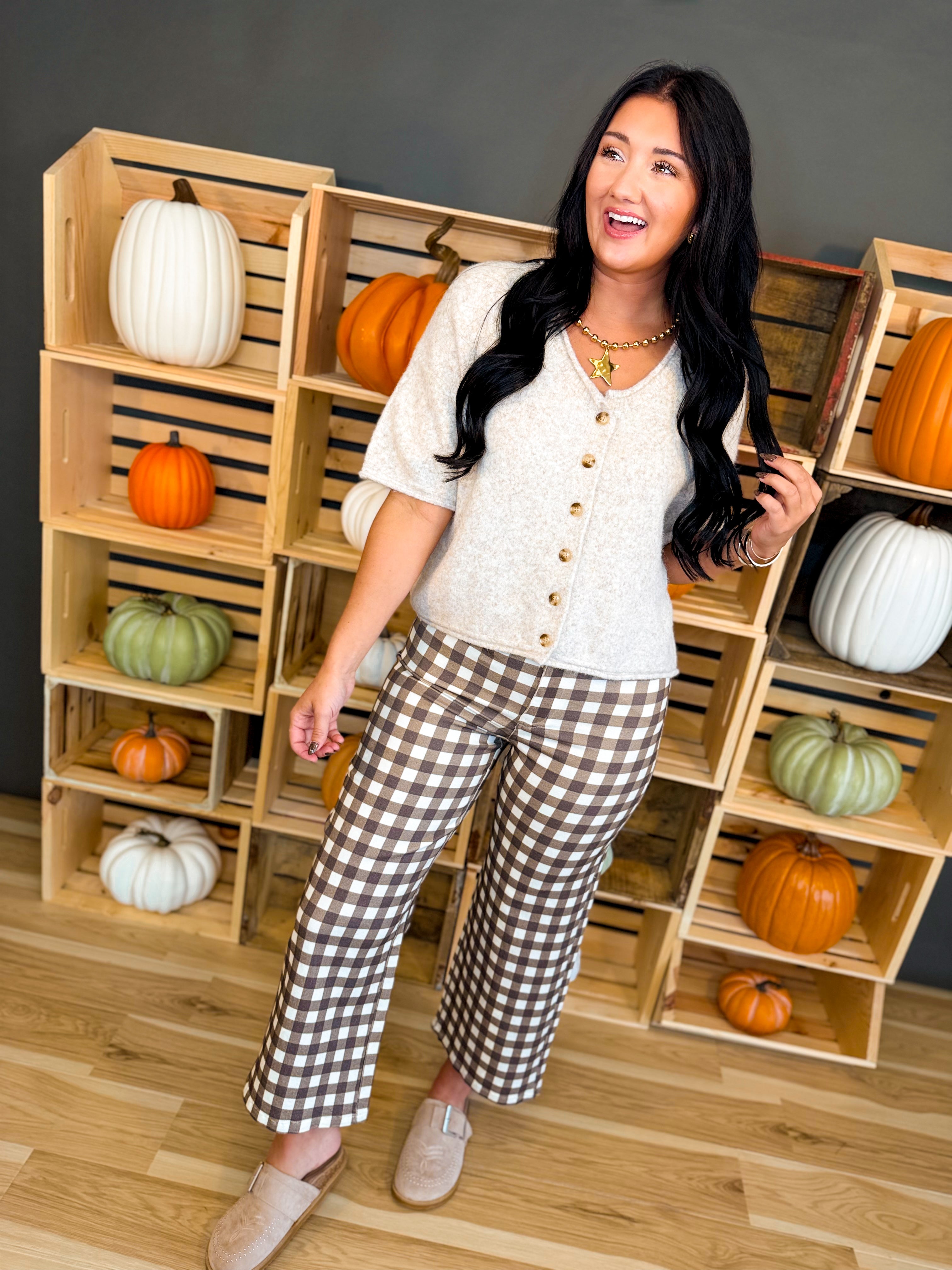 Gingham Wide Leg Crop Stretch Denim Pants - Brown Combo - Lace and Grace Boutique