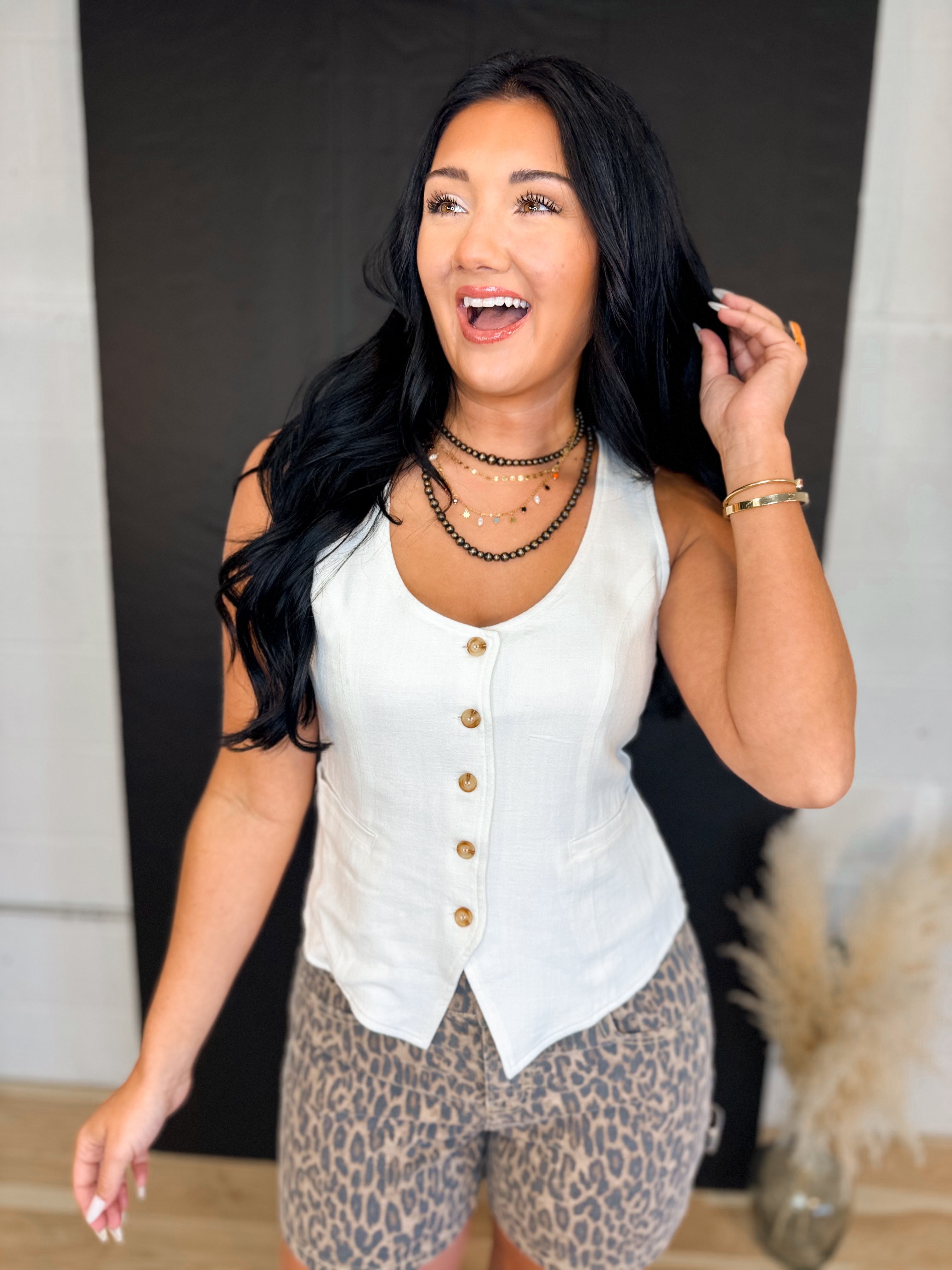 Classic Cut Belted Vest - White - Lace and Grace Boutique