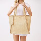 Two Tone Woven Straw Tote Bag - Lace and Grace Boutique