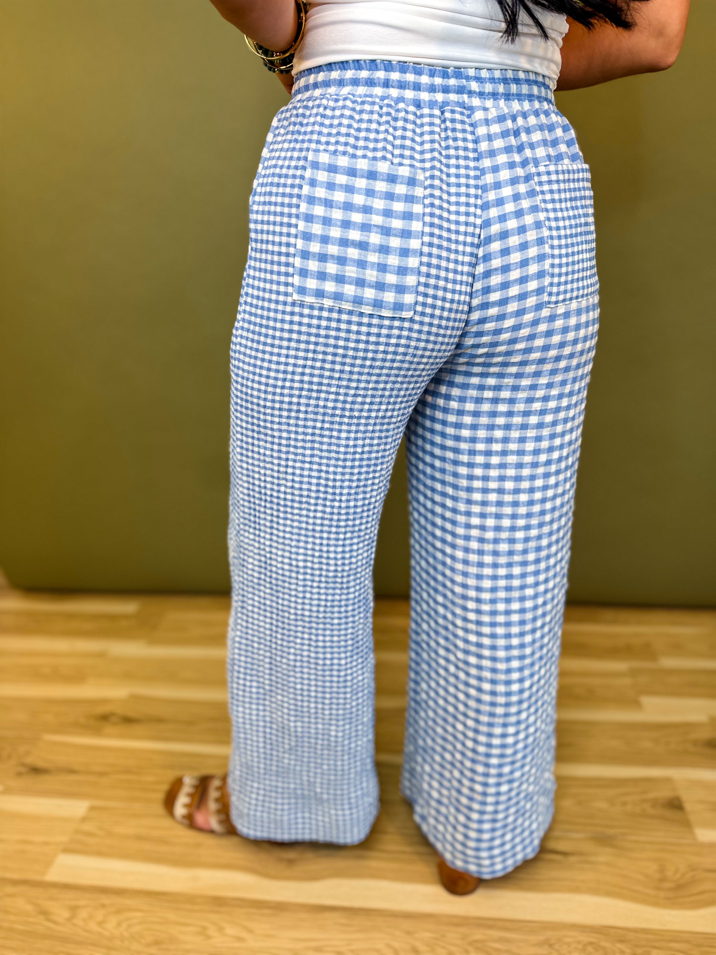 Mixed Gingham Straight Leg Pants - Blue/White - Lace and Grace Boutique