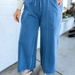 Pigment Wash French Terry Wide Leg Pants - Dusty Blue - Lace and Grace Boutique