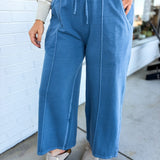 Pigment Wash French Terry Wide Leg Pants - Dusty Blue - Lace and Grace Boutique