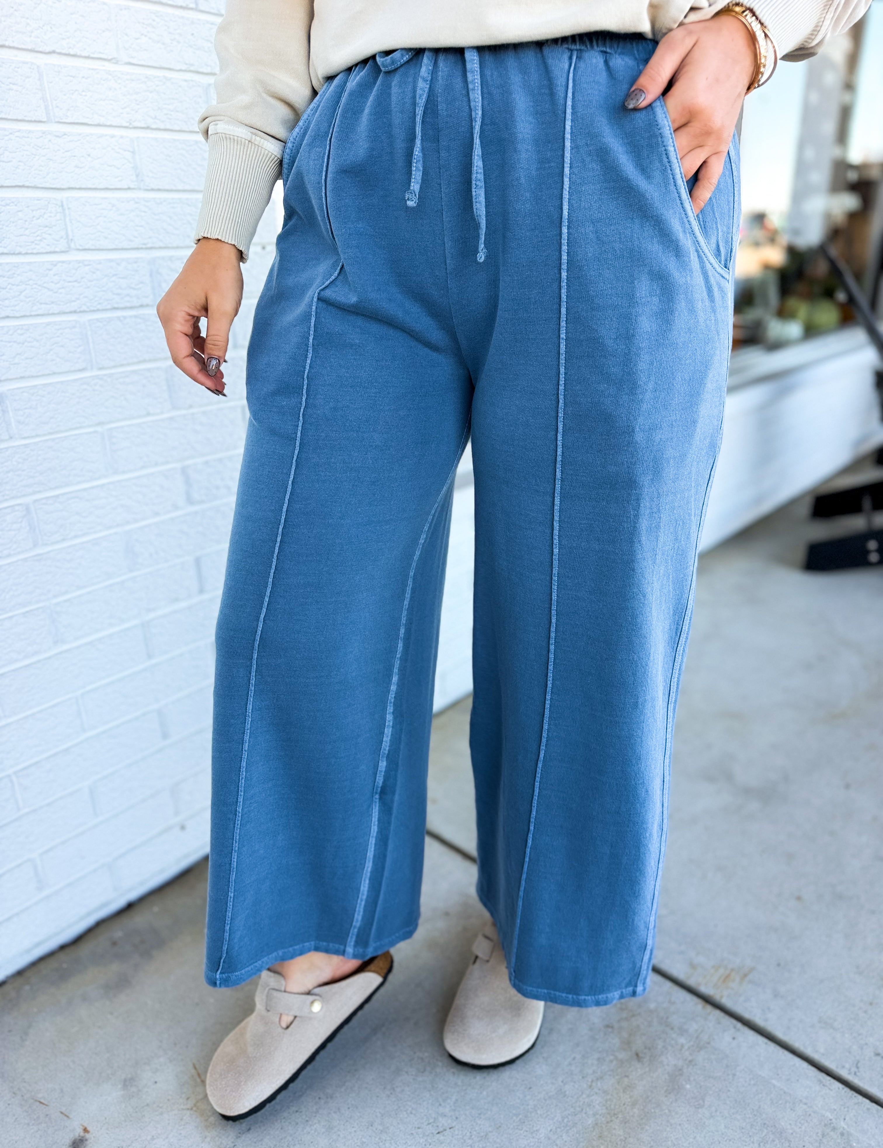 Pigment Wash French Terry Wide Leg Pants - Dusty Blue - Lace and Grace Boutique