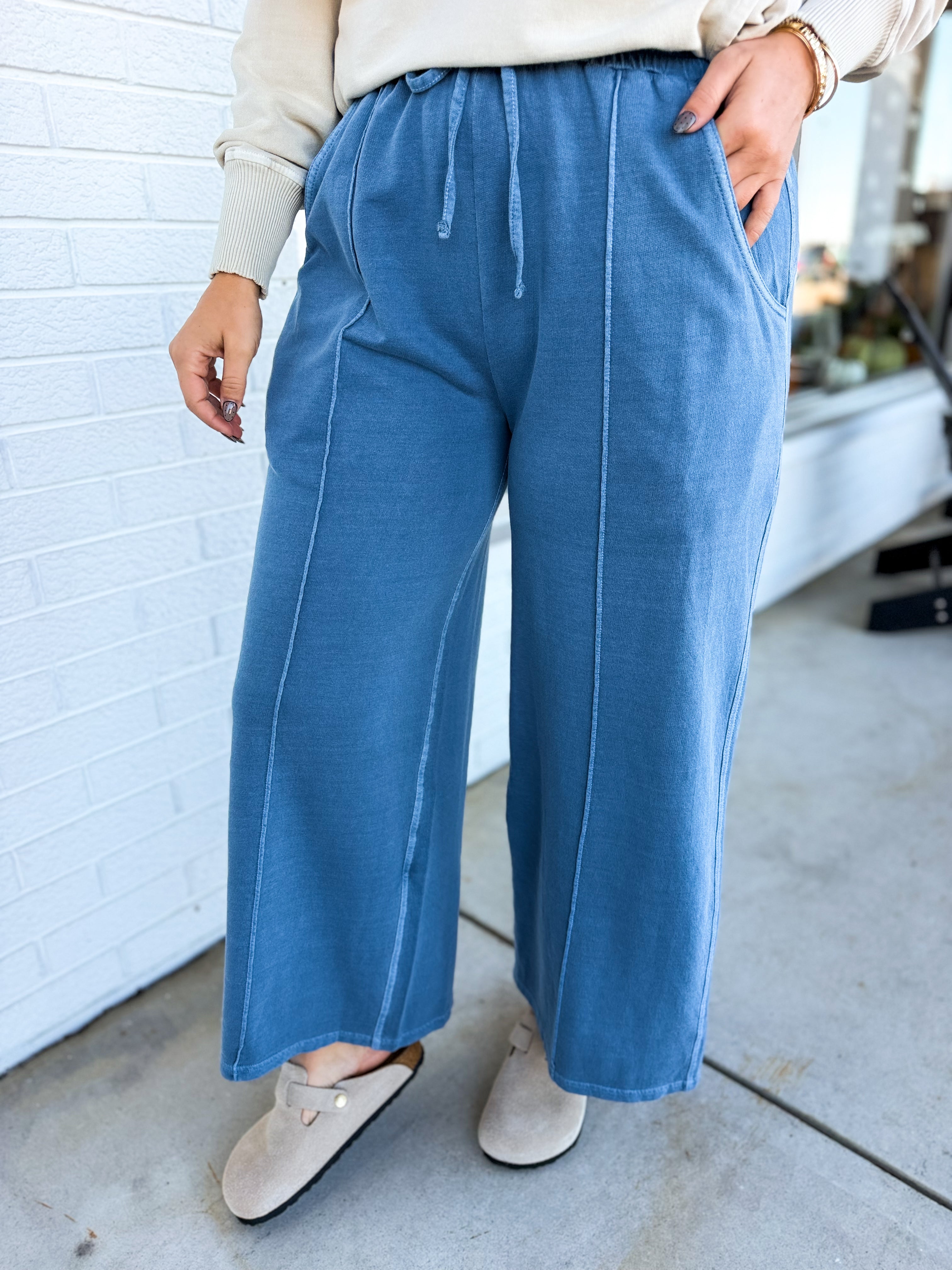 Pigment Wash French Terry Wide Leg Pants - Dusty Blue - Lace and Grace Boutique