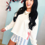 Gingham Bow Side Slit Pullover Top - Off White/Red - Lace and Grace Boutique