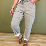 Striped Washed Belted Barrel Pants - Olive