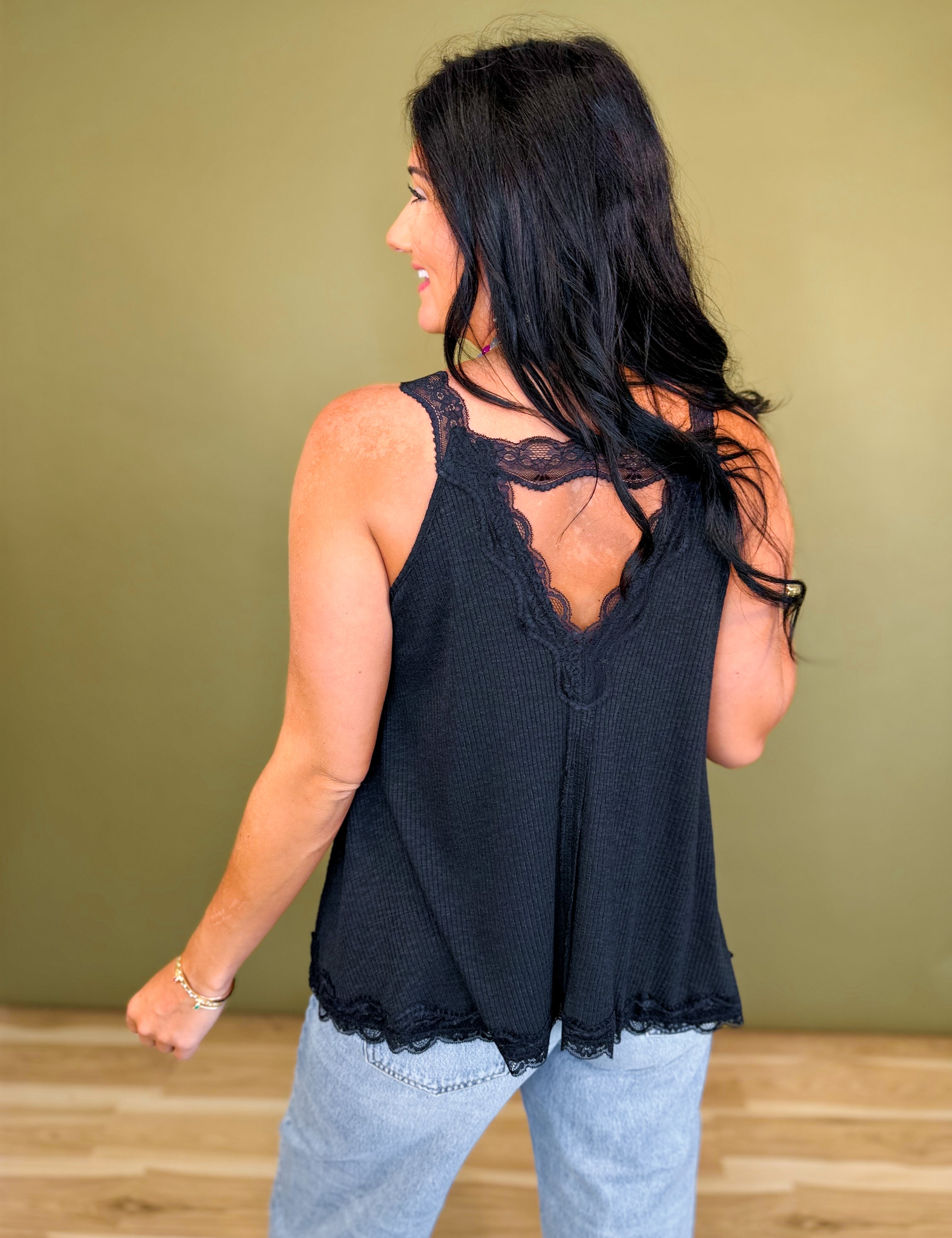 POL Lace Trim Solid Tank Top - Black - Lace and Grace Boutique