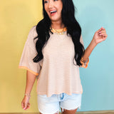Striped Contrast Drop Sleeve Tee - Linen Multi - Lace and Grace Boutique