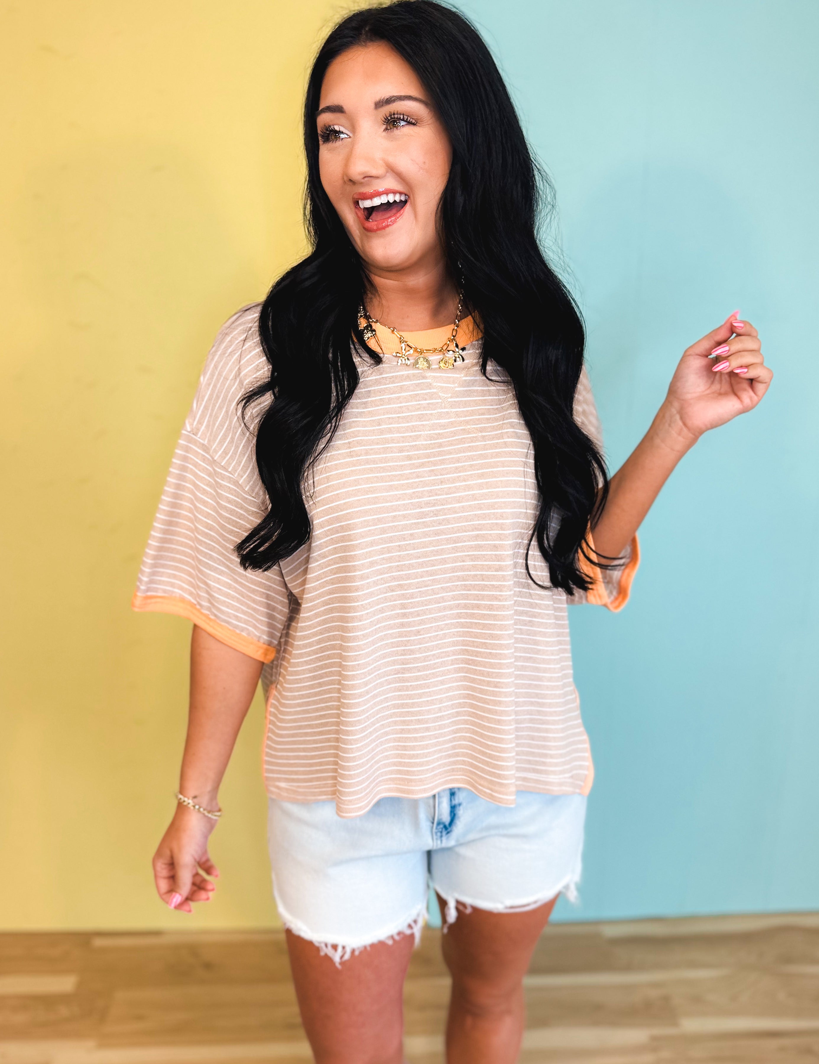 Striped Contrast Drop Sleeve Tee - Linen Multi - Lace and Grace Boutique