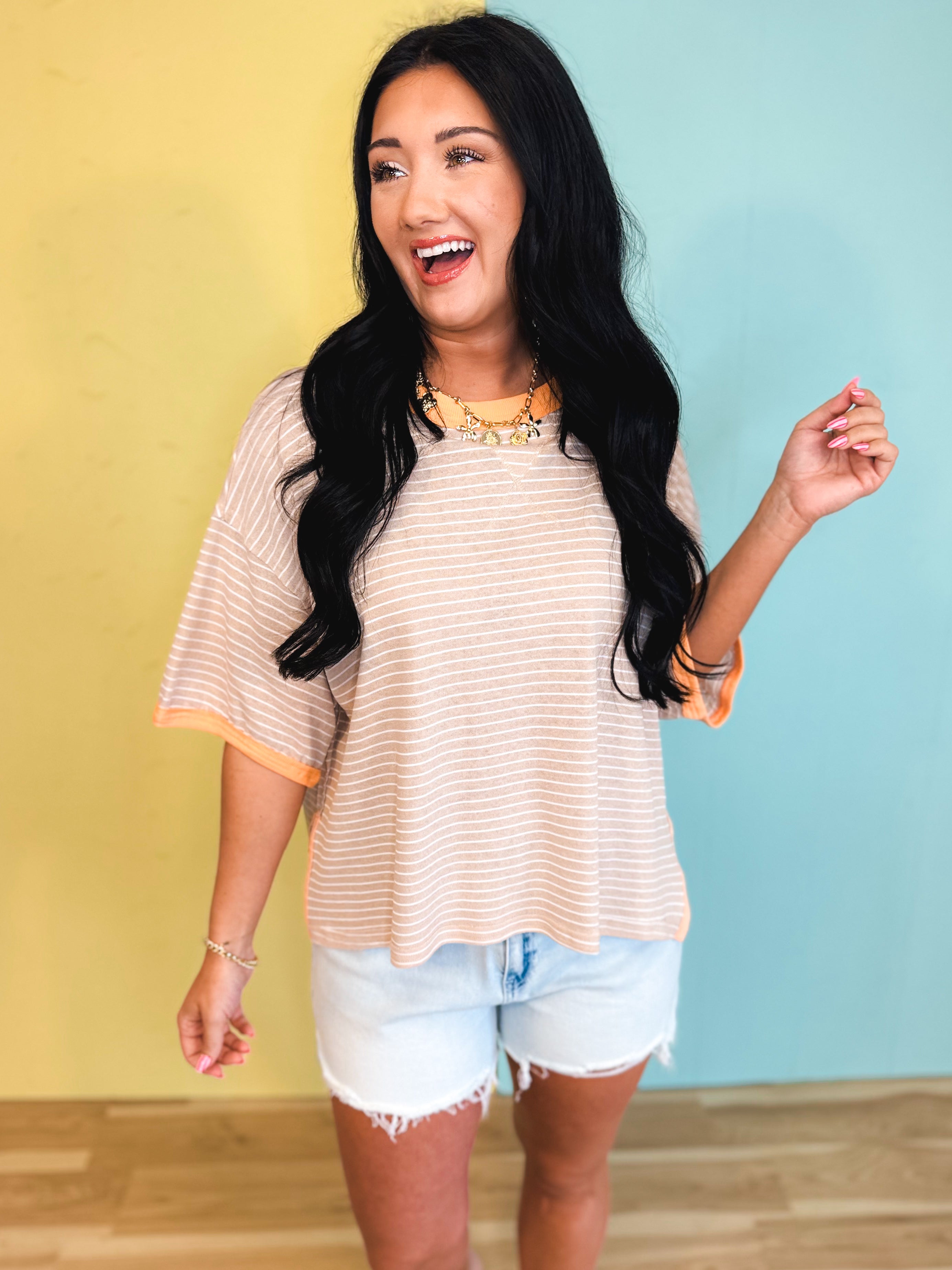 Striped Contrast Drop Sleeve Tee - Linen Multi - Lace and Grace Boutique