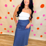 Polka Dot Silky Satin Midi Skirt - Navy/Ivory - Lace and Grace Boutique