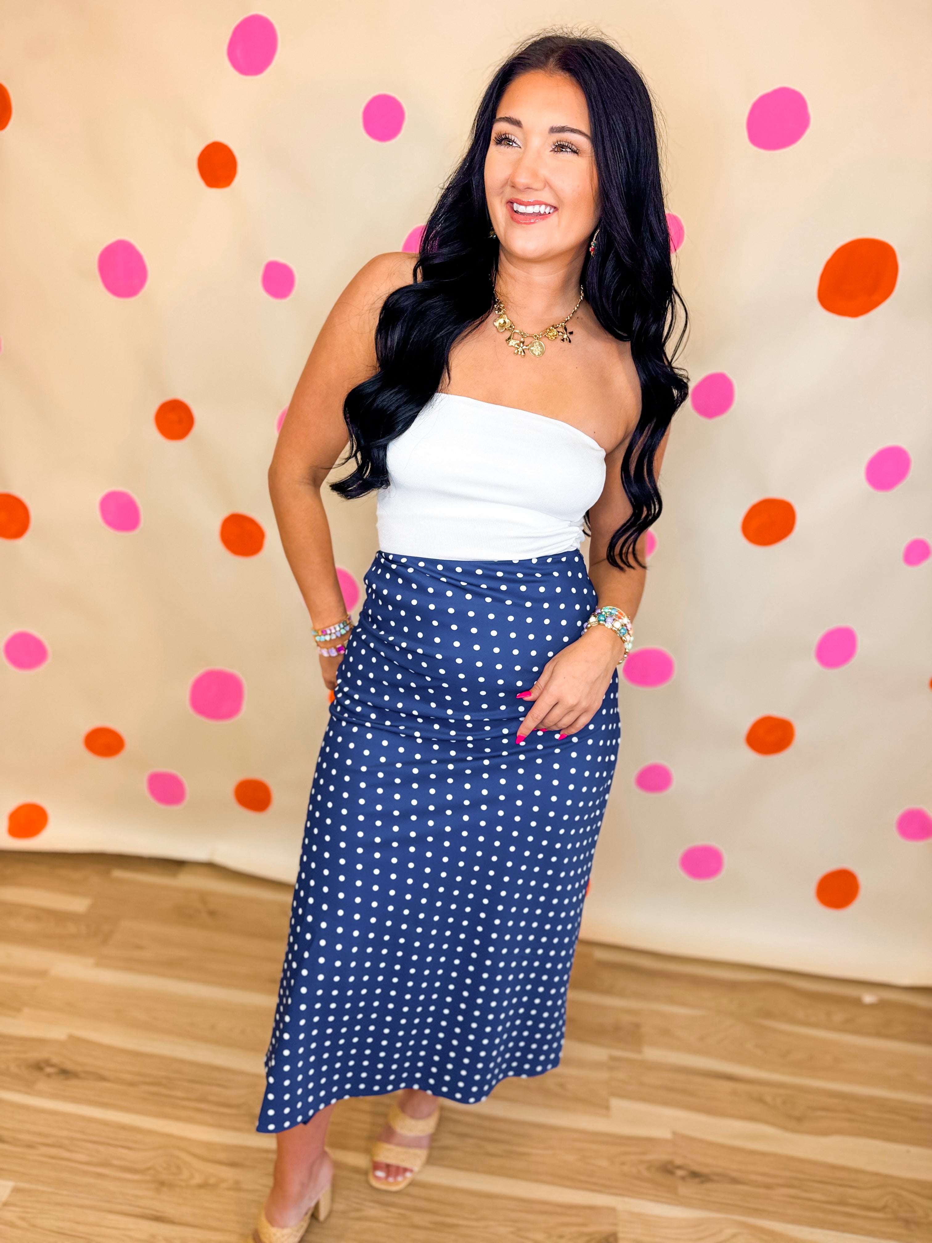 Polka Dot Silky Satin Midi Skirt - Navy/Ivory - Lace and Grace Boutique