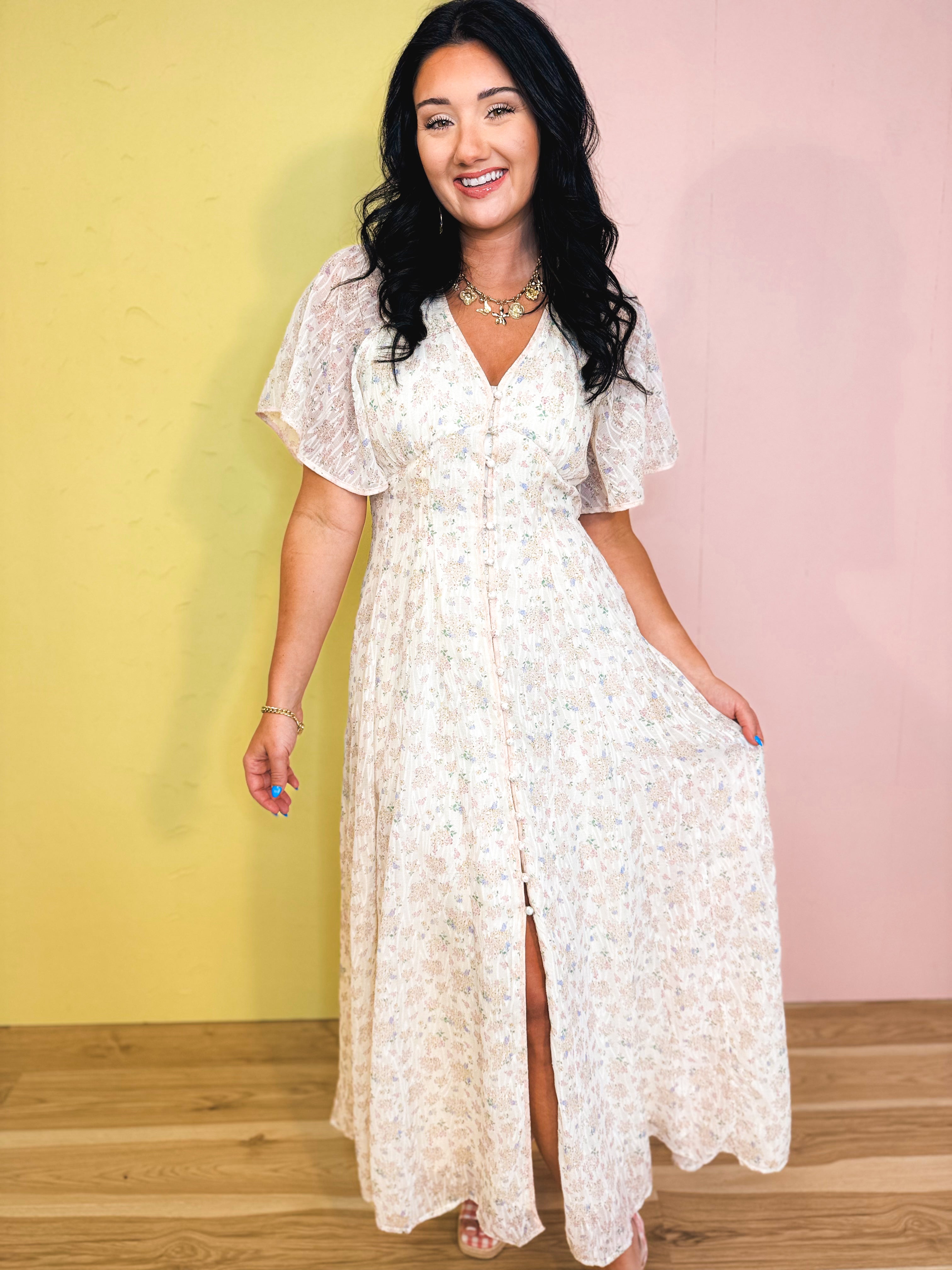 Flowy Flutter Sleeve Maxi Dress - Vintage Cream - Lace and Grace Boutique