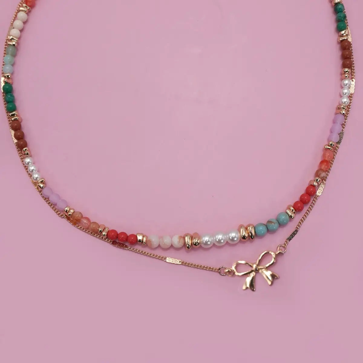 Colorful Layered Beaded Bow Charm Necklace - Lace and Grace Boutique