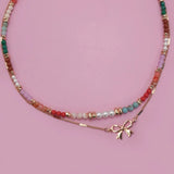 Colorful Layered Beaded Bow Charm Necklace - Lace and Grace Boutique