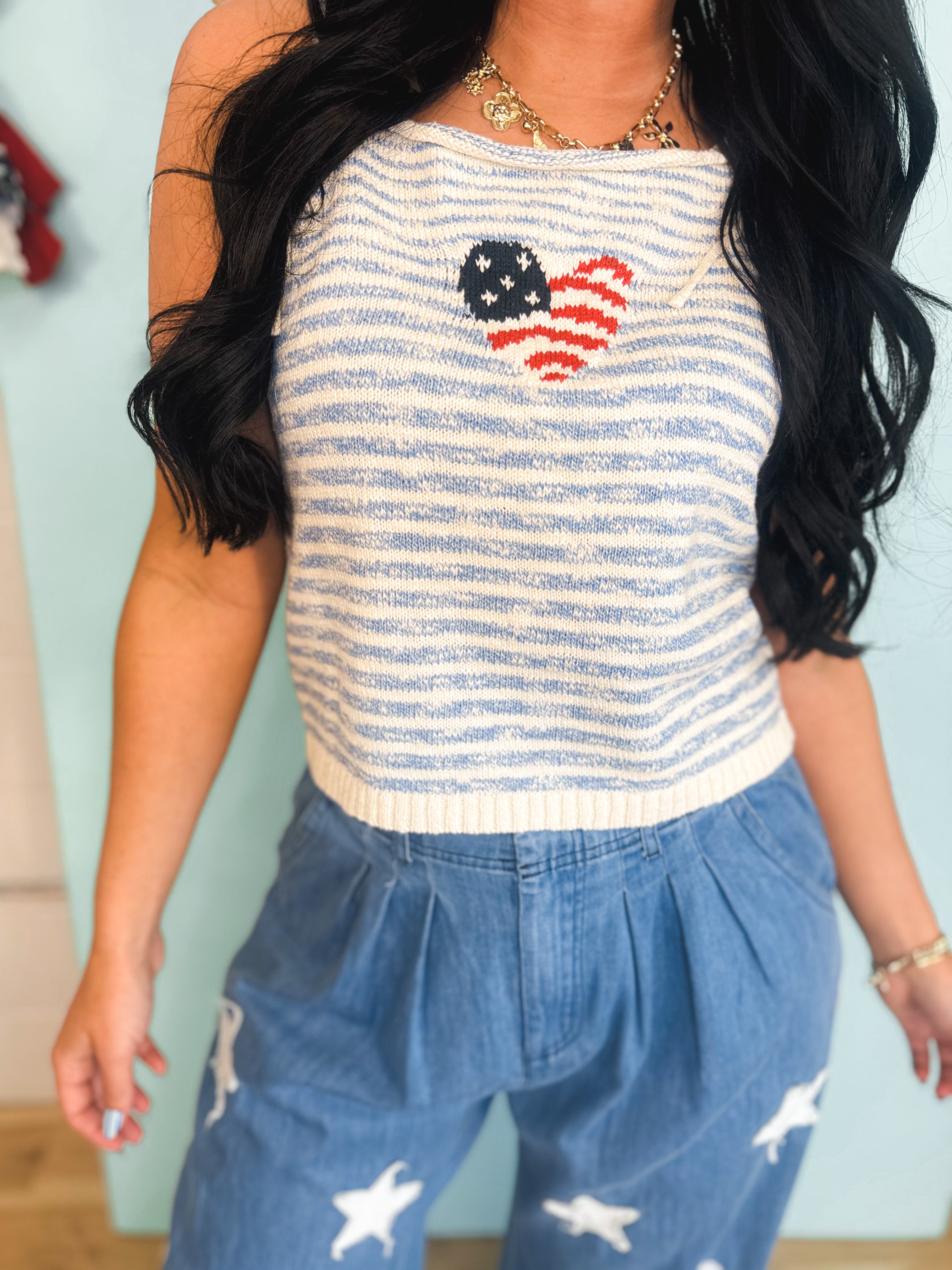 Flag Heart Sweater Tank Top - Sky - Lace and Grace Boutique