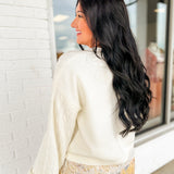 Cable Knit Lace Trim Detail Crewneck Sweater - Cream