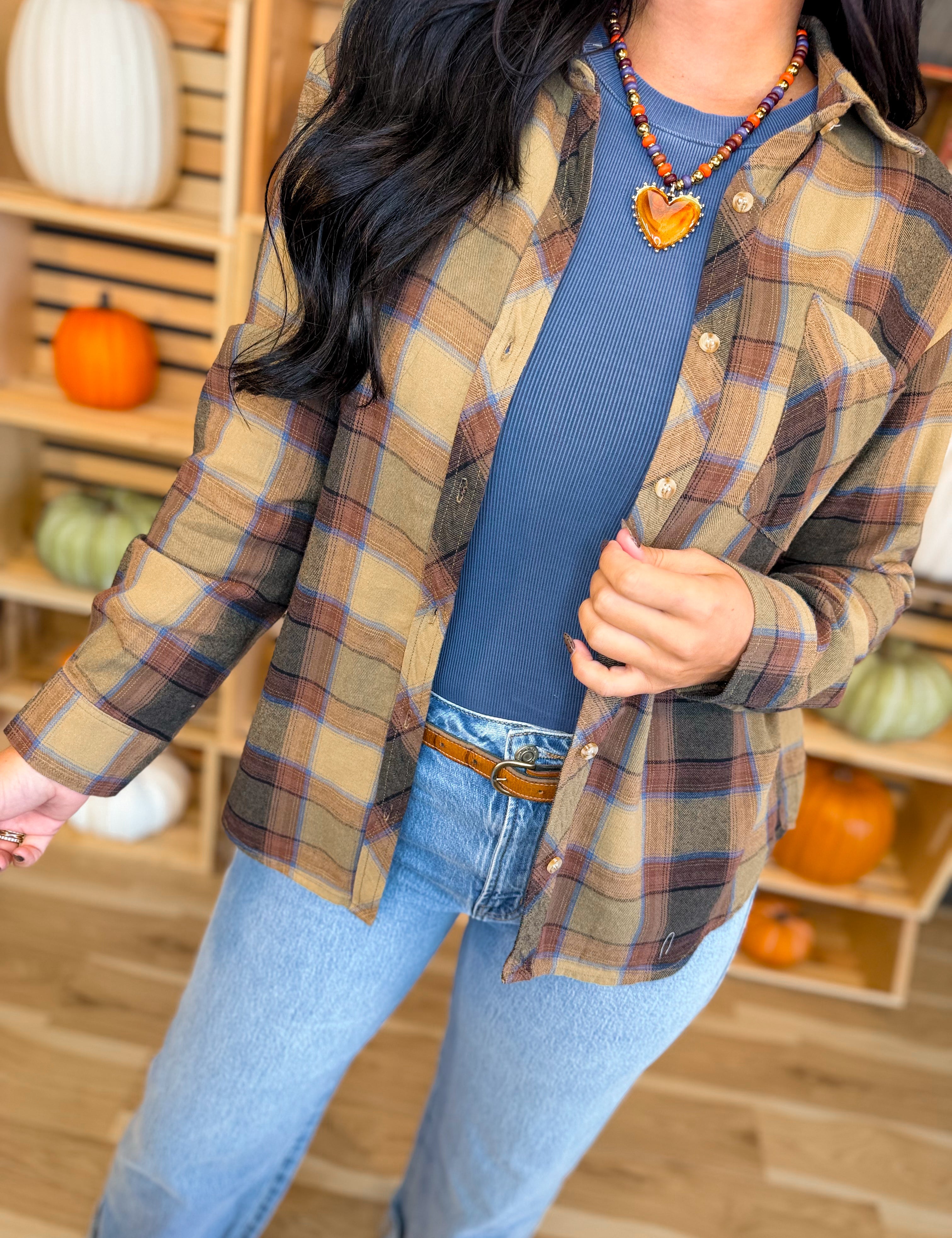 Oversized Plaid Flannel Shirt - Khaki - Lace and Grace Boutique