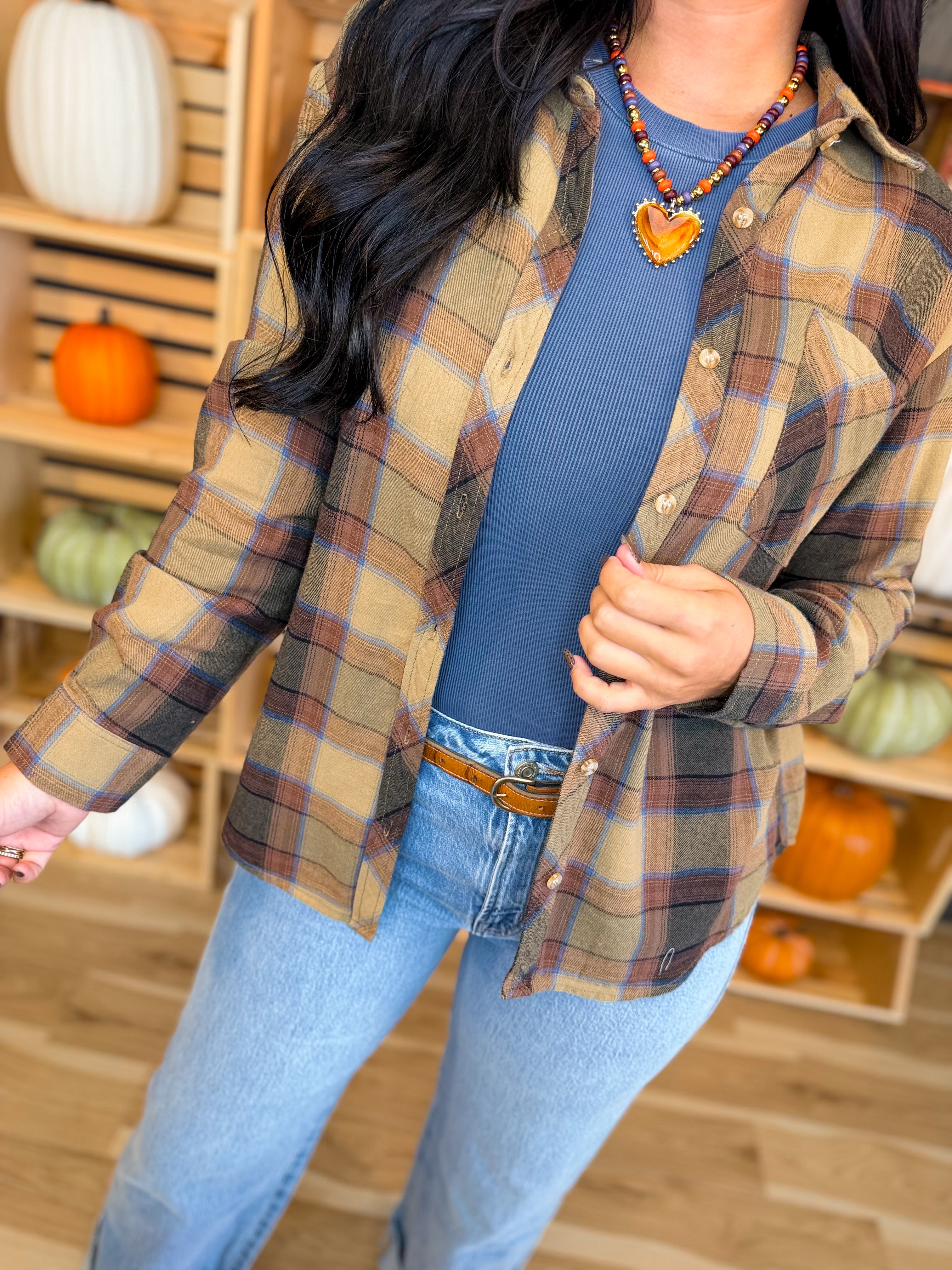 Oversized Plaid Flannel Shirt - Khaki - Lace and Grace Boutique