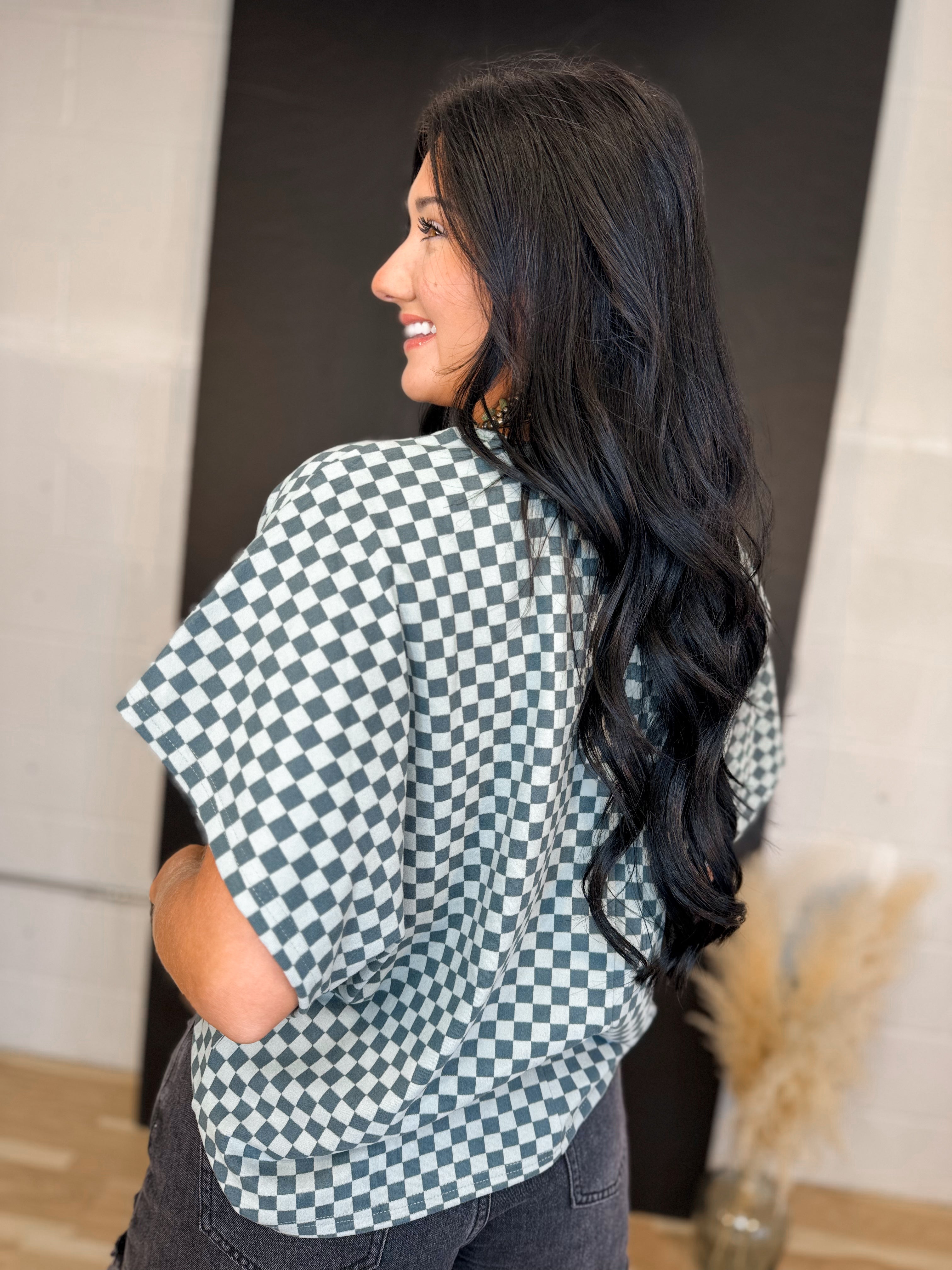 Checker Dolman Sleeve Knit Top - Dark Teal - Lace and Grace Boutique