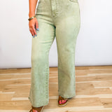 Washed High Rise Stretch Wide Leg Jeans - Olive