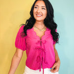 Scalloped Neck Tie Front Blouse - Pink - Lace and Grace Boutique